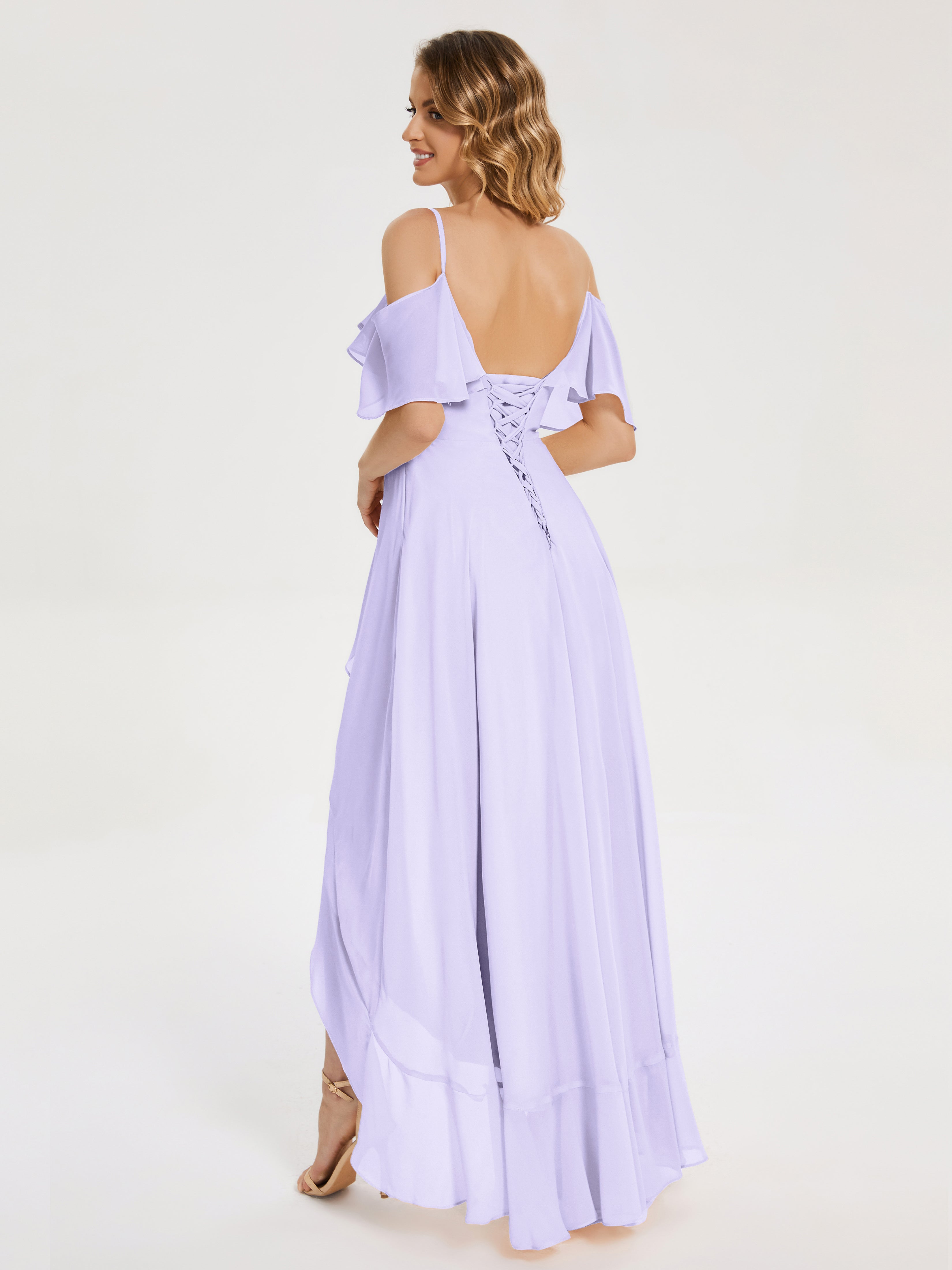 Robe Lilas Demoiselle D Honneur Asymétrique Mousseline Robes Demoiselle D'Honneur À Lacet