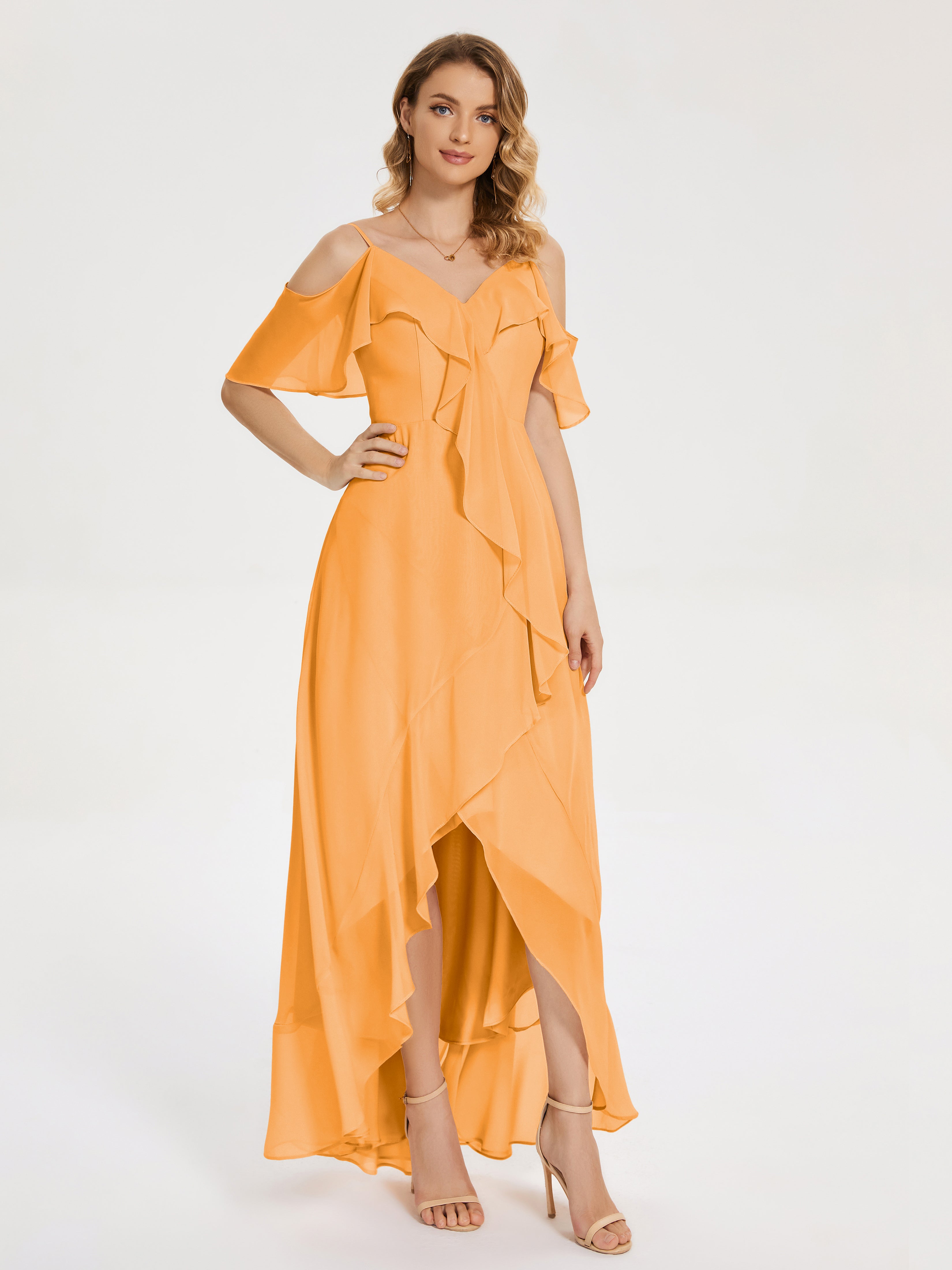 Robes De Demoiselle D'Honneur Mandarine Asymétrique Mousseline Robes Demoiselle D'Honneur À Lacet