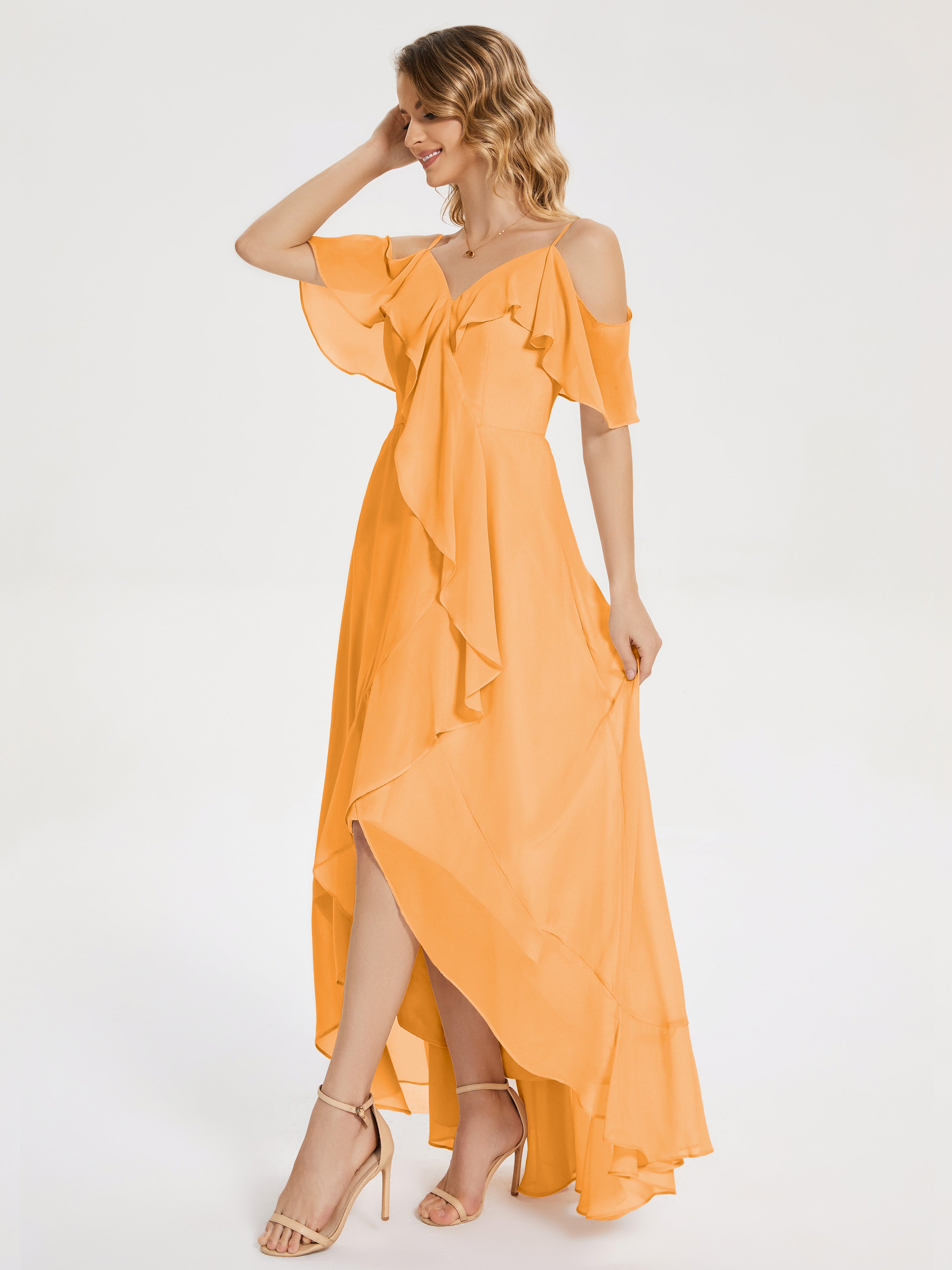Robes De Demoiselle D'Honneur Mandarine Asymétrique Mousseline Robes Demoiselle D'Honneur À Lacet