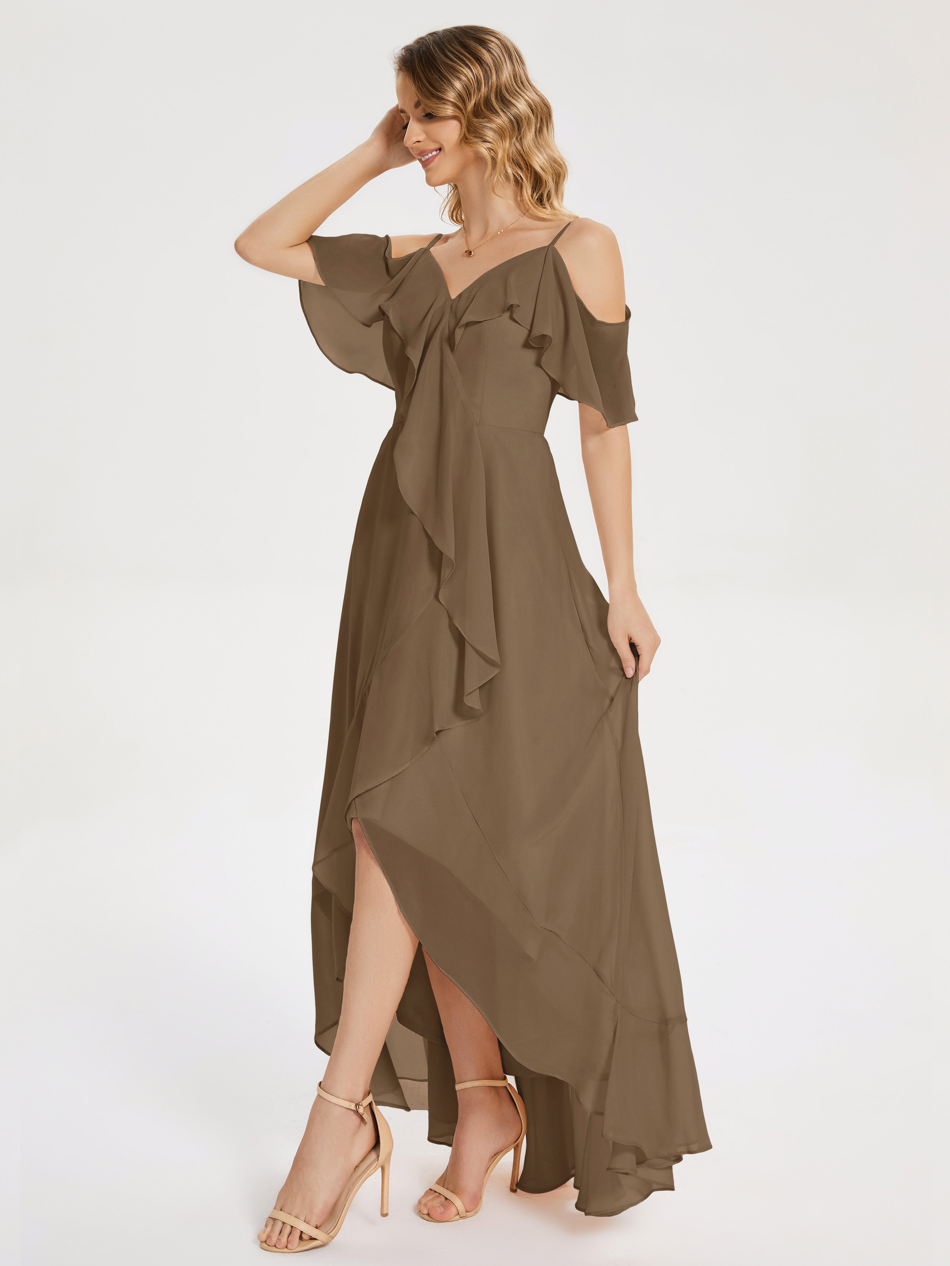 Robe De Demoiselle D'Honneur Moka Asymétrique Mousseline Robes Demoiselle D'Honneur À Lacet