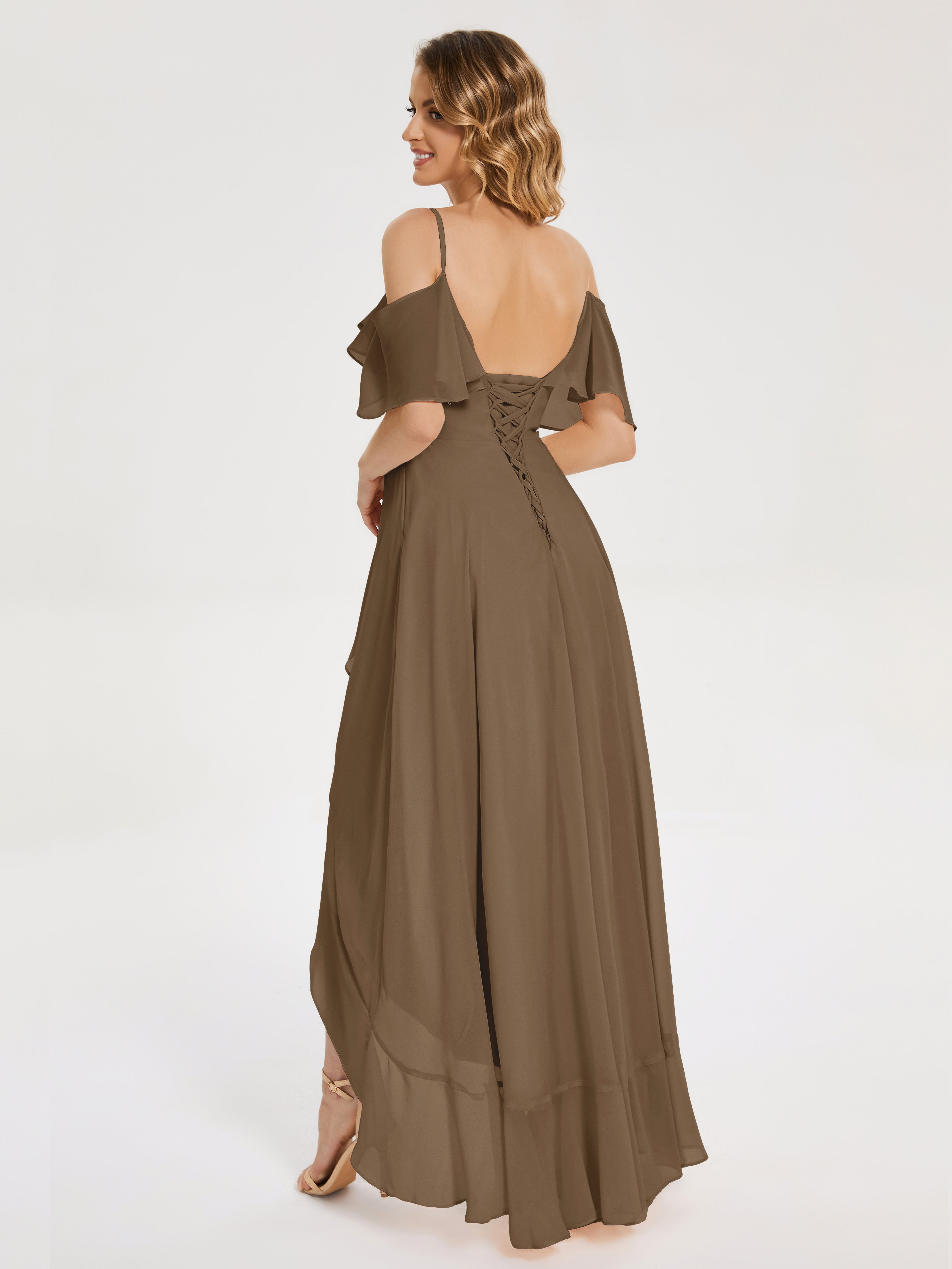 Robe De Demoiselle D'Honneur Moka Asymétrique Mousseline Robes Demoiselle D'Honneur À Lacet