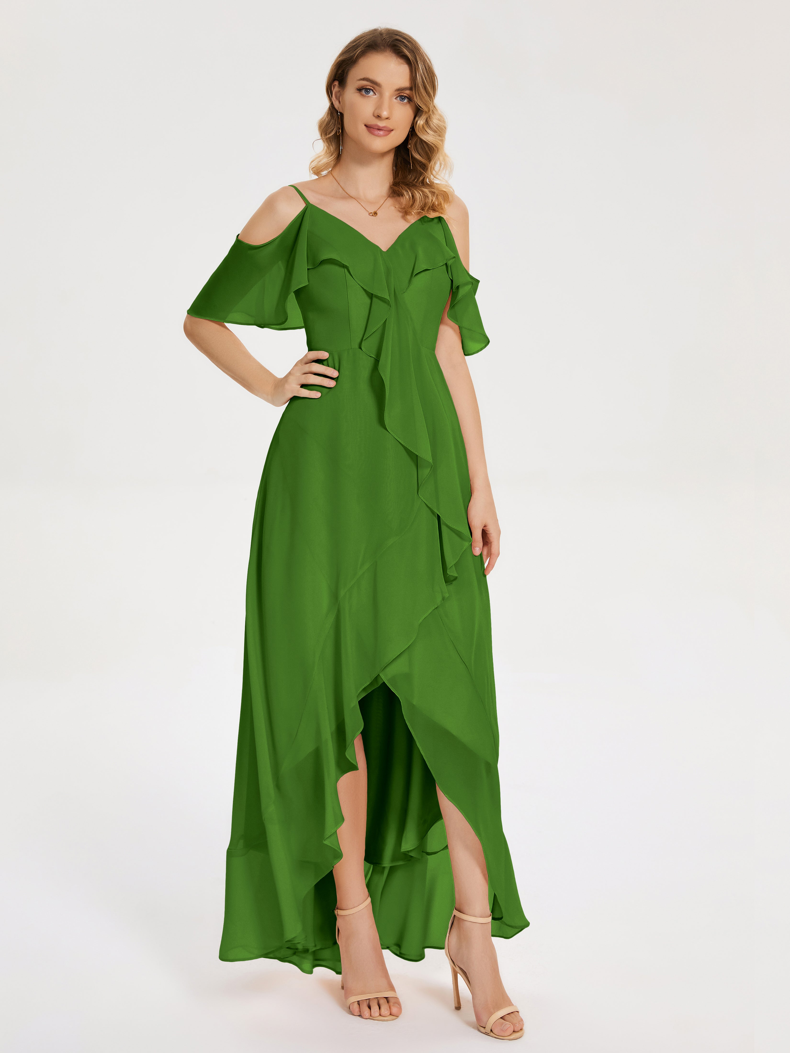 Robes De Demoiselle D'Honneur Vert Mousse Asymétrique Mousseline Robes Demoiselle D'Honneur À Lacet