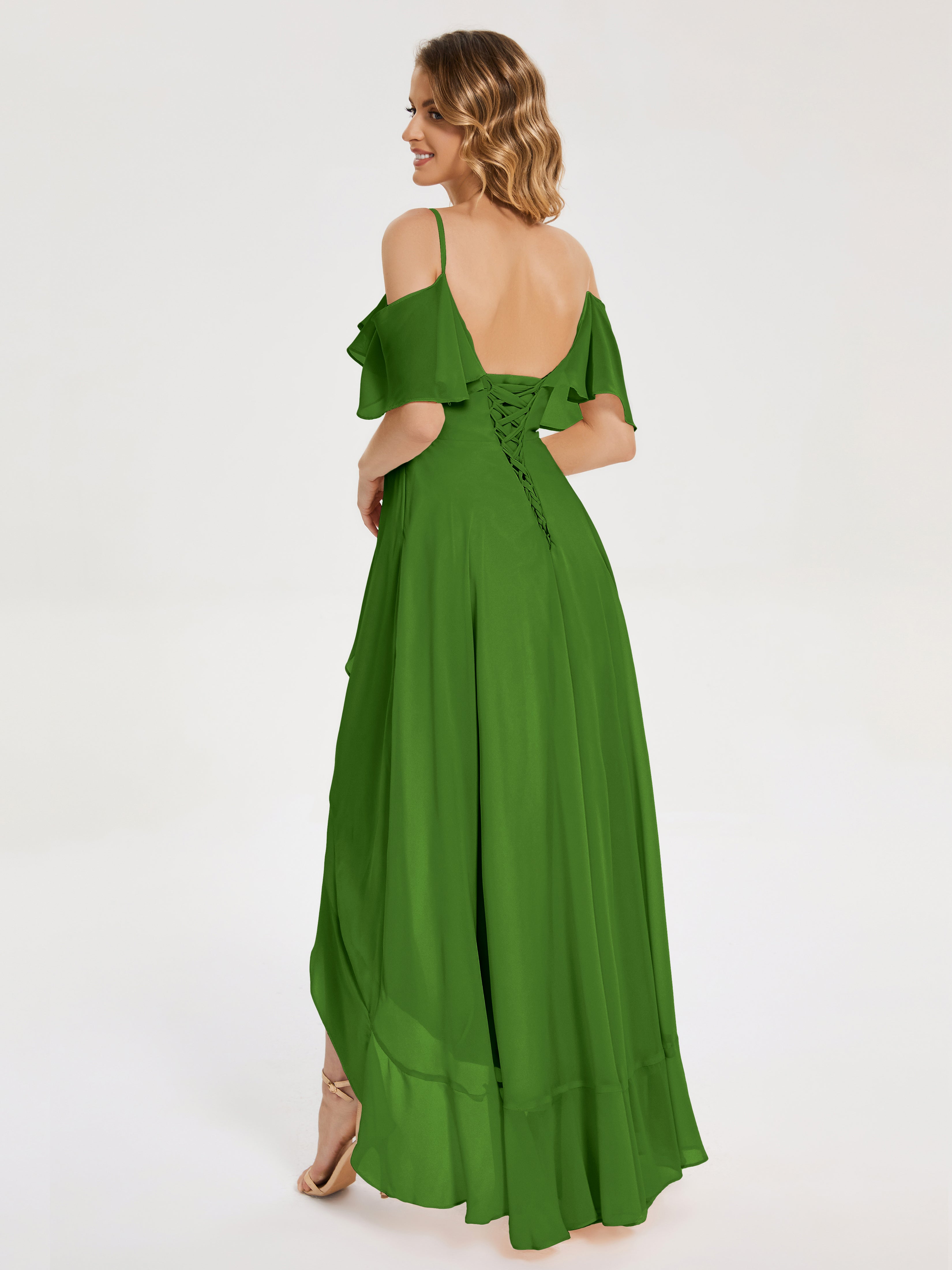 Robes De Demoiselle D'Honneur Vert Mousse Asymétrique Mousseline Robes Demoiselle D'Honneur À Lacet
