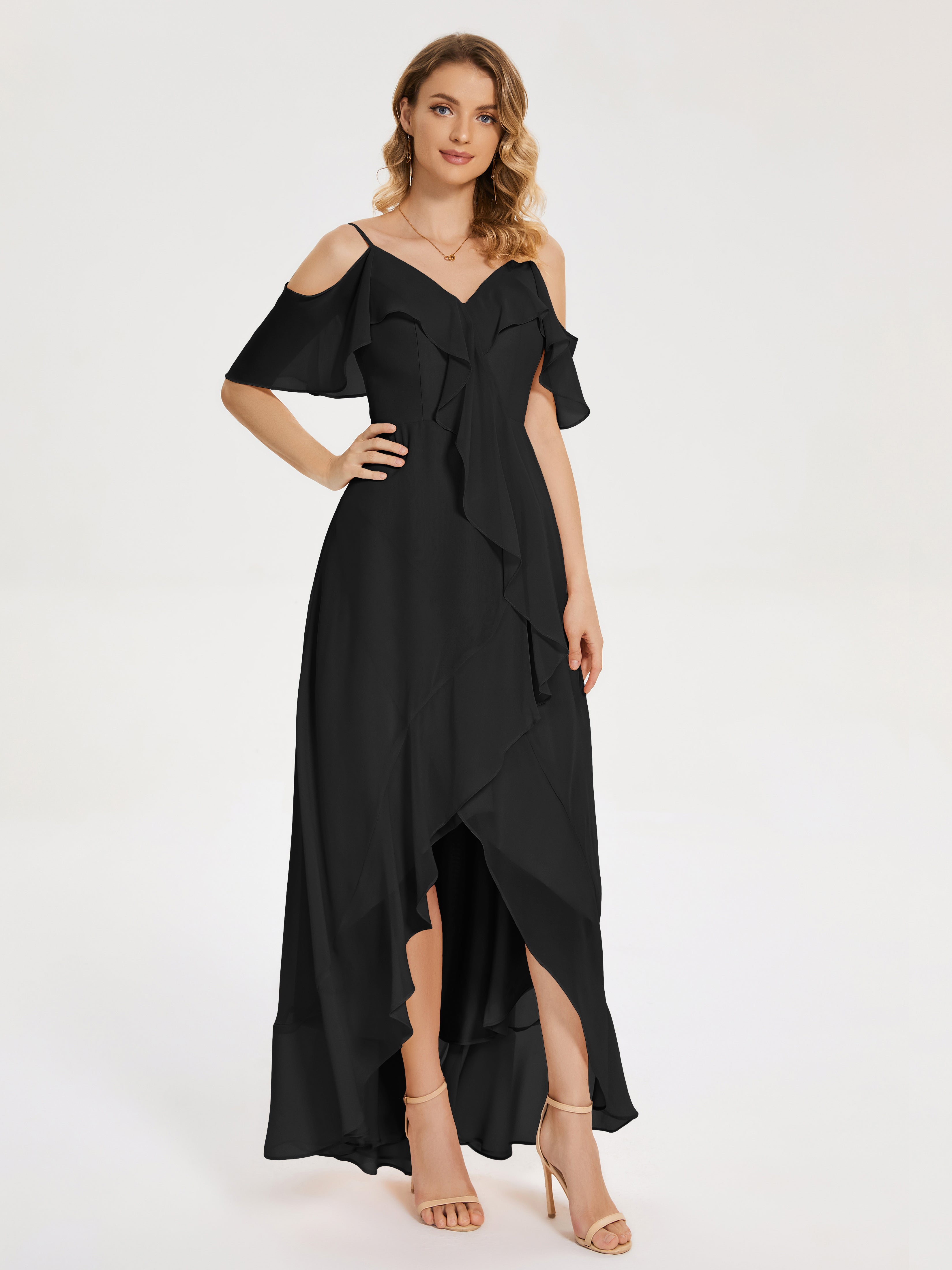 Robe De Demoiselle D Honneur Noir Asymétrique Mousseline Robes Demoiselle D'Honneur À Lacet