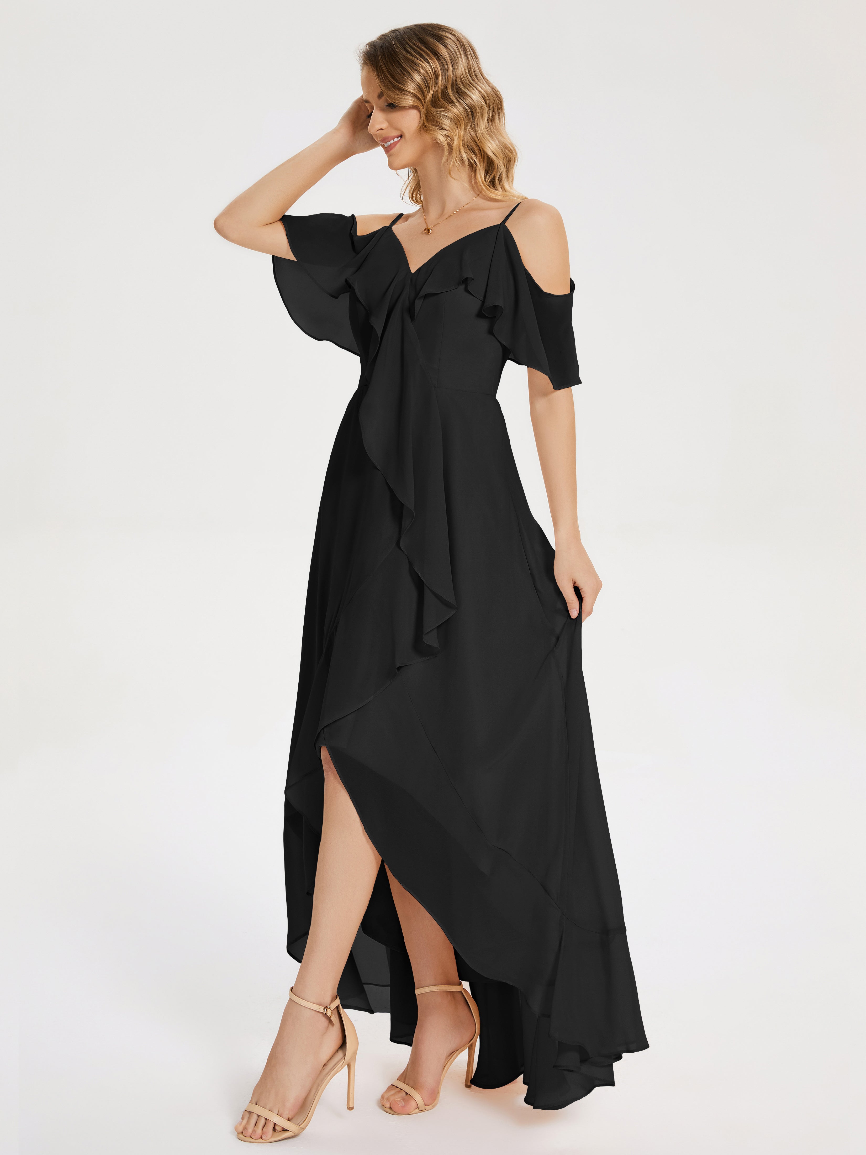 Robe De Demoiselle D Honneur Noir Asymétrique Mousseline Robes Demoiselle D'Honneur À Lacet