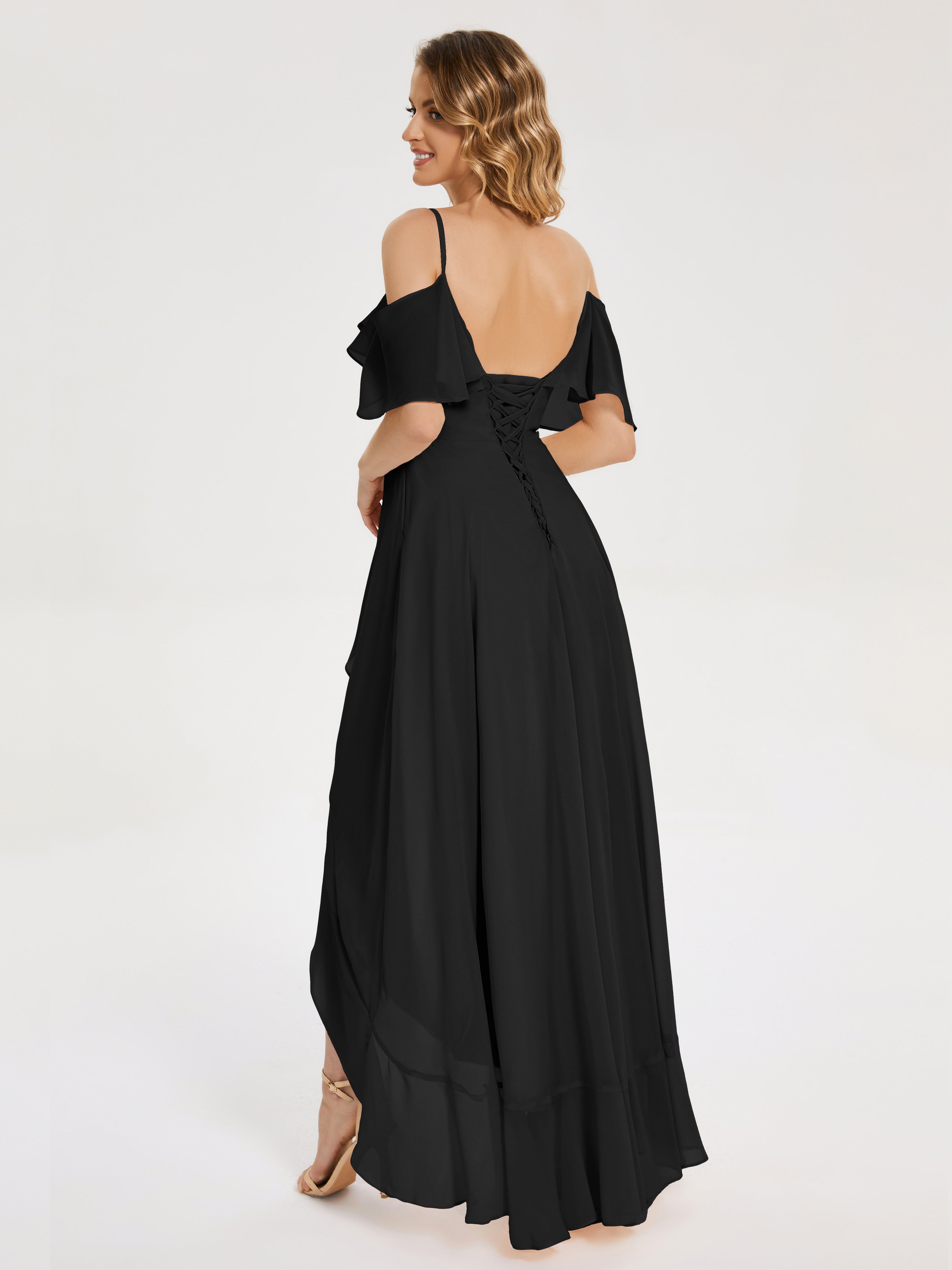 Robe De Demoiselle D Honneur Noir Asymétrique Mousseline Robes Demoiselle D'Honneur À Lacet