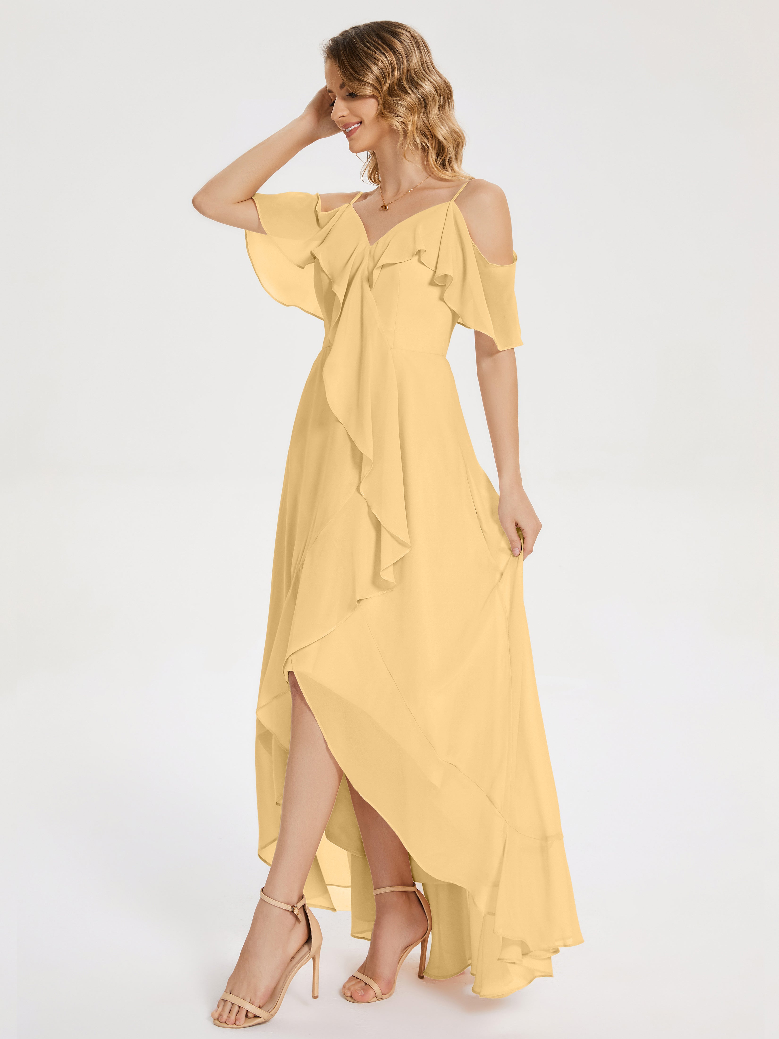 Longues Robes De Demoiselle D'Honneur En Or Asymétrique Mousseline Robes Demoiselle D'Honneur À Lacet