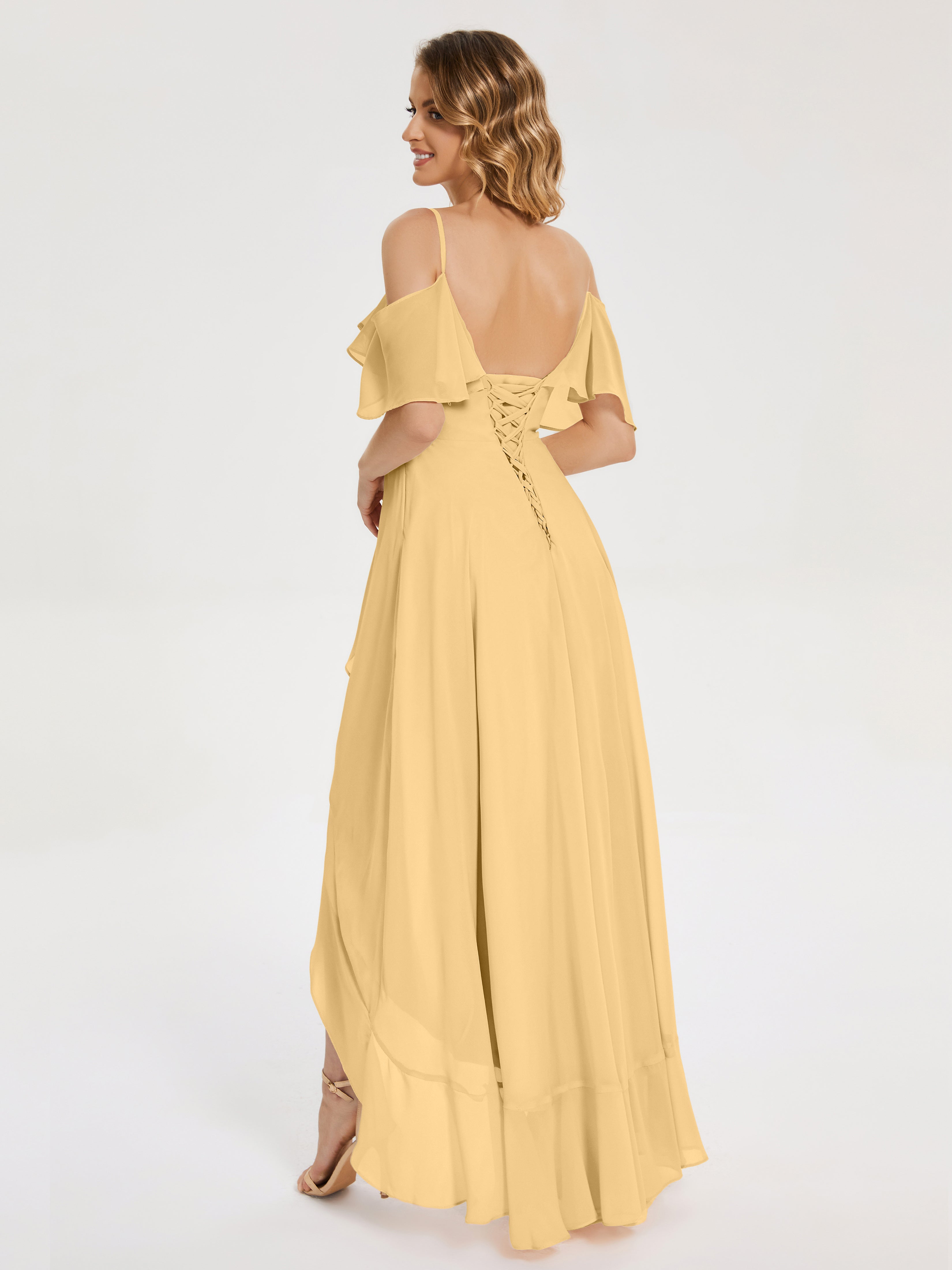 Longues Robes De Demoiselle D'Honneur En Or Asymétrique Mousseline Robes Demoiselle D'Honneur À Lacet