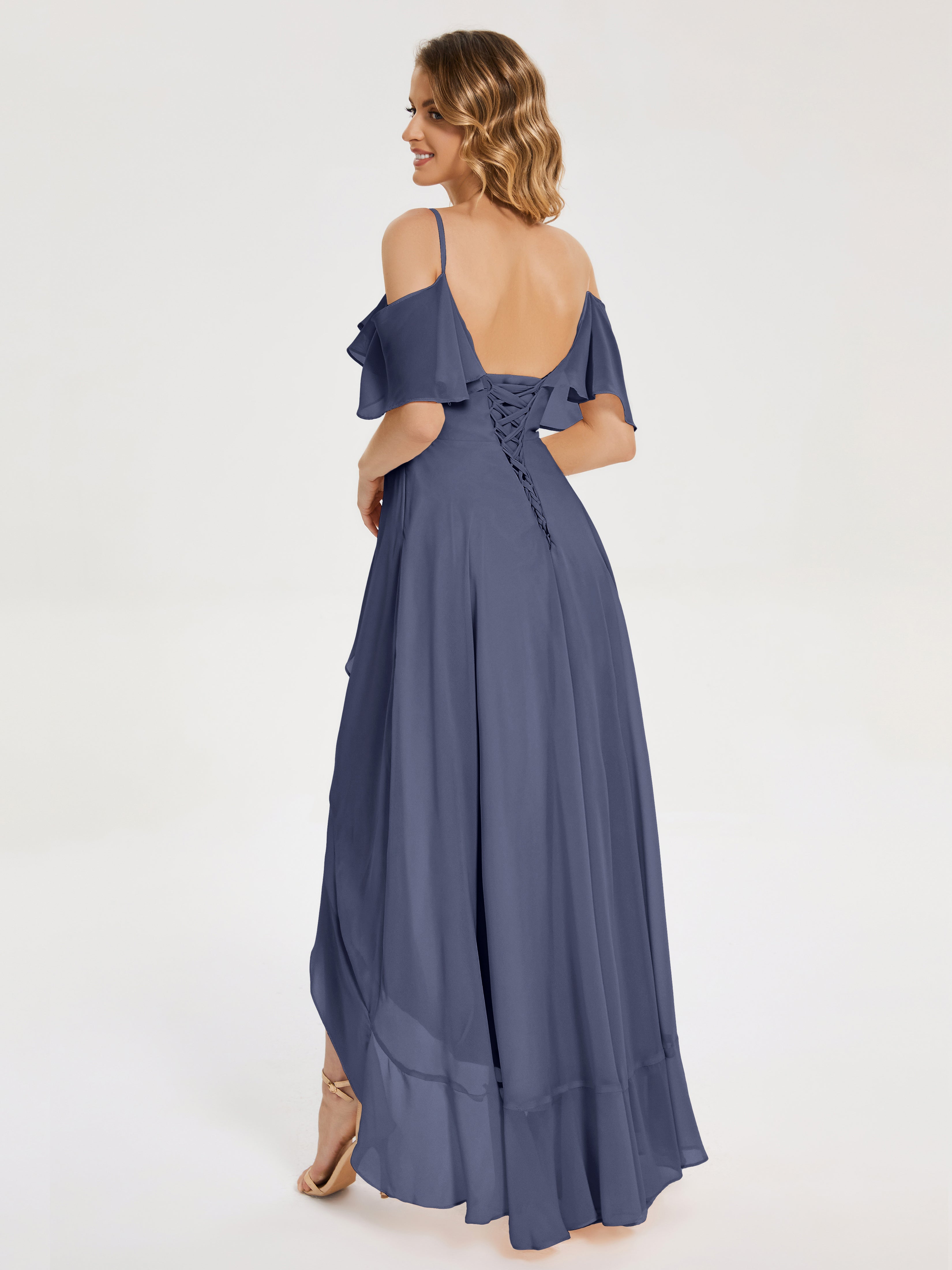 Robes De Demoiselle D'Honneur Bleu Orageux Asymétrique Mousseline Robes Demoiselle D'Honneur À Lacet