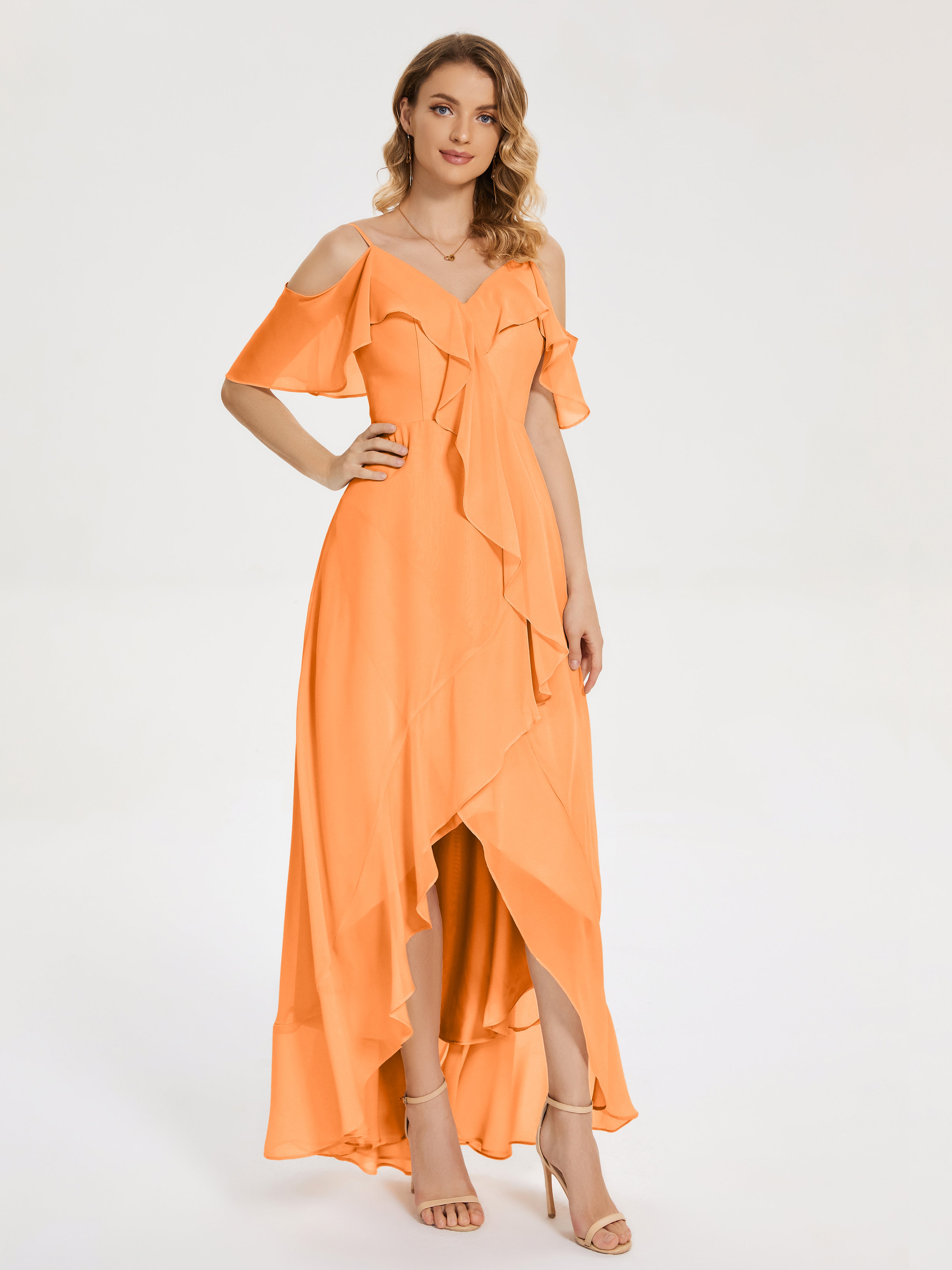 Robe Demoiselle D Honneur Orange Vif Asymétrique Mousseline Robes Demoiselle D'Honneur À Lacet