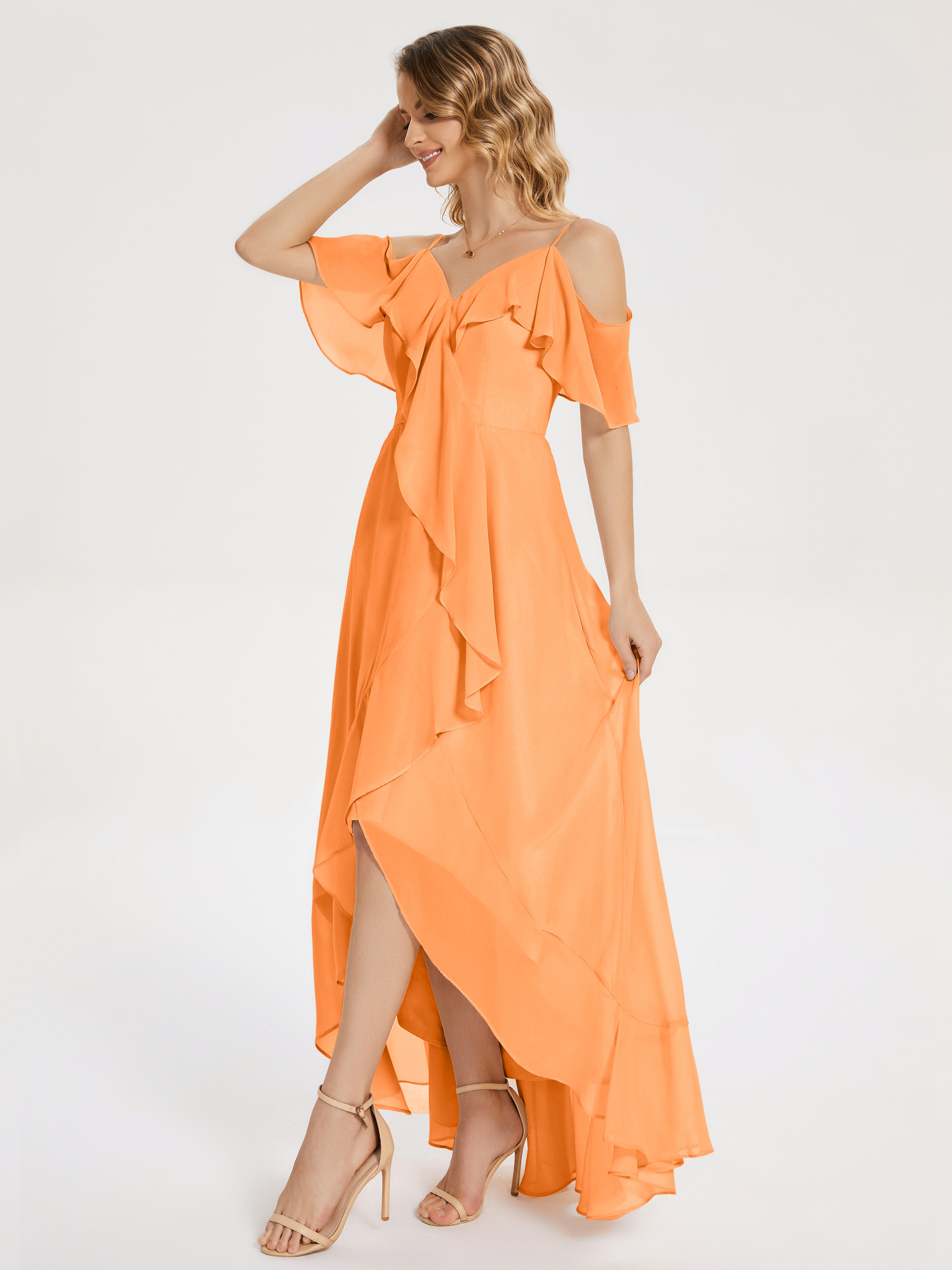 Robe Demoiselle D Honneur Orange Vif Asymétrique Mousseline Robes Demoiselle D'Honneur À Lacet