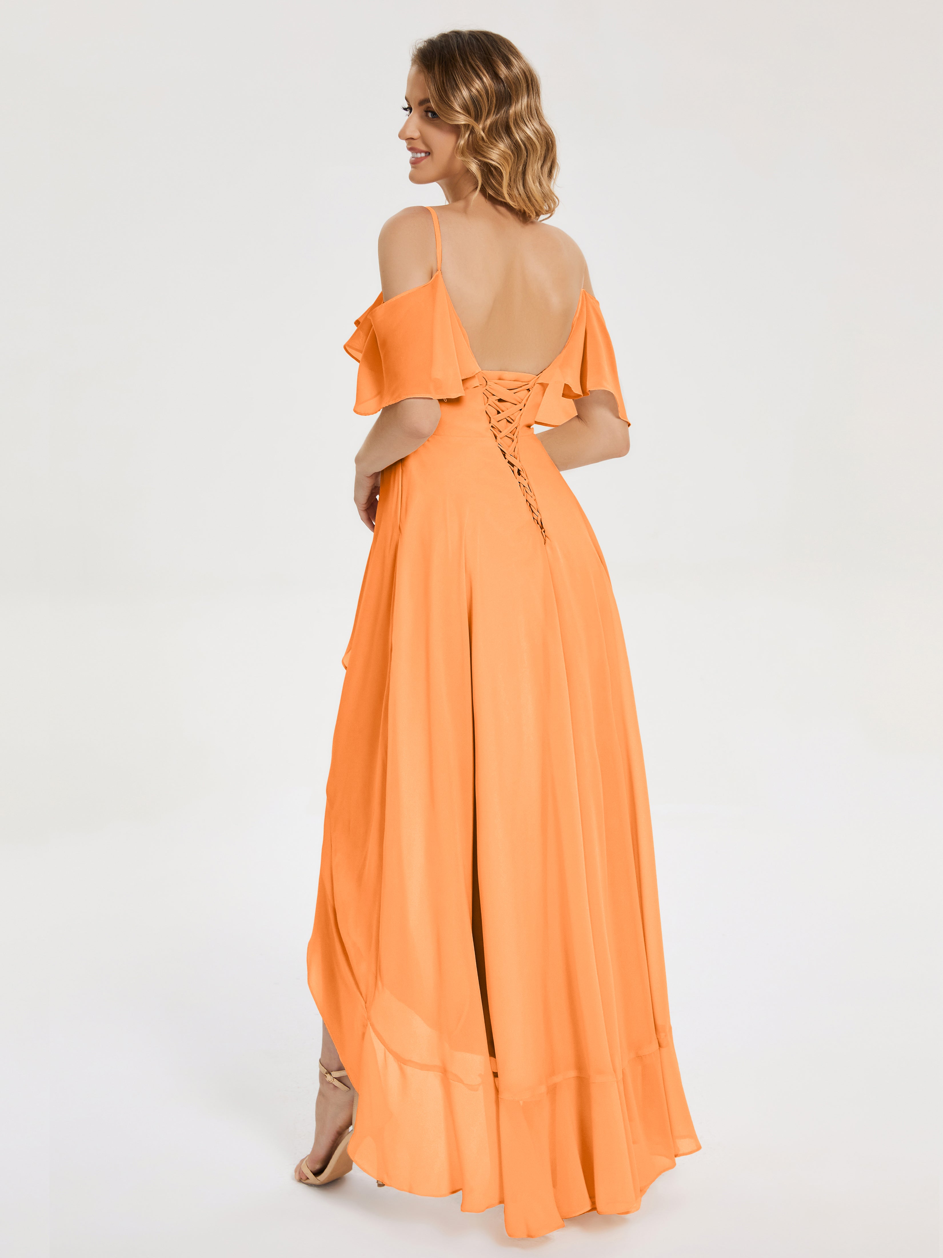 Robe Demoiselle D Honneur Orange Vif Asymétrique Mousseline Robes Demoiselle D'Honneur À Lacet