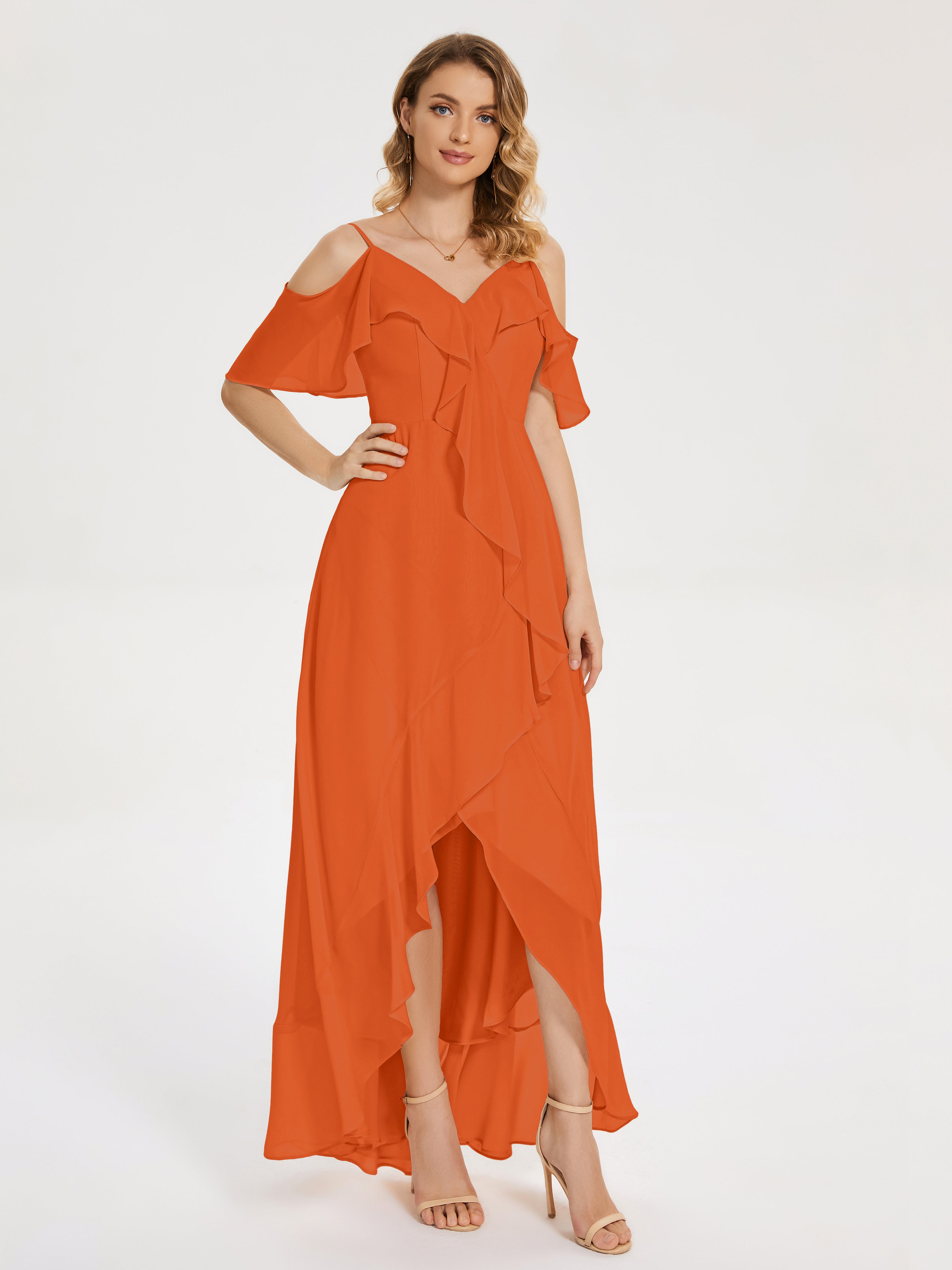 Robes De Demoiselle D'Honneur Orange Brûlé Asymétrique Mousseline Robes Demoiselle D'Honneur À Lacet