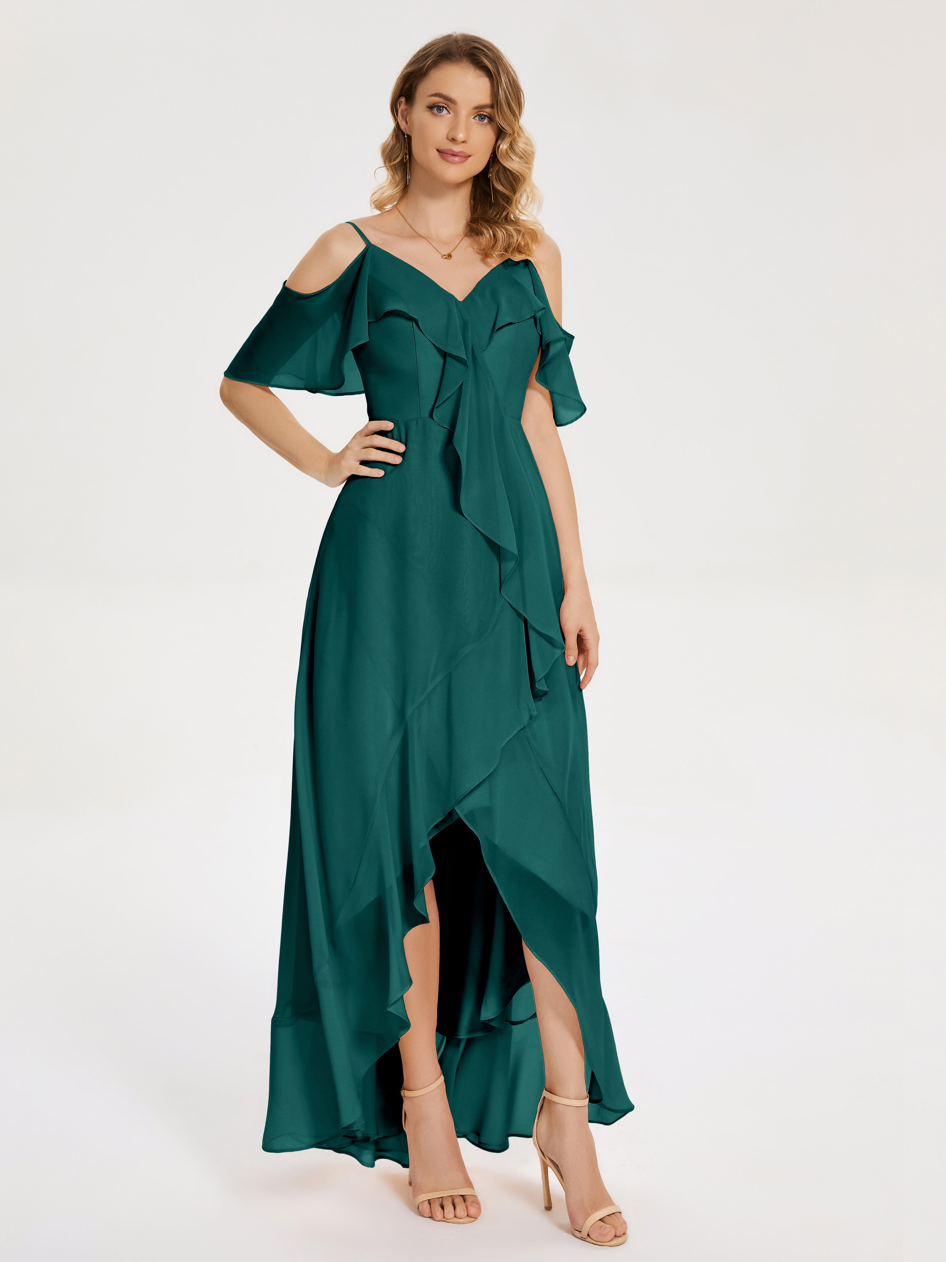 Robes De Demoiselle D'Honneur Couleur Paon Asymétrique Mousseline Robes Demoiselle D'Honneur À Lacet