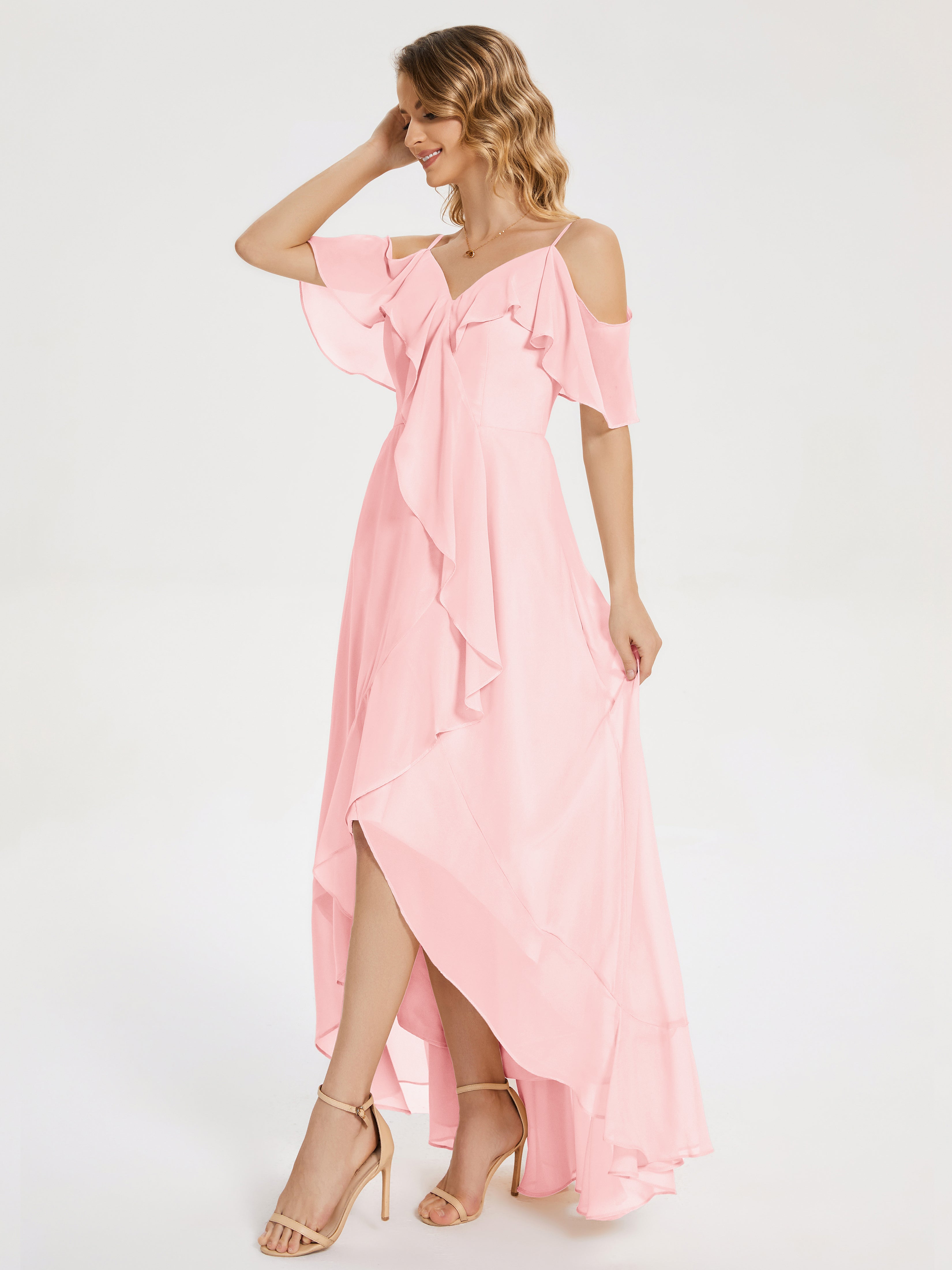 Robes De Demoiselle D'Honneur Rose Mauve Asymétrique Mousseline Robes Demoiselle D'Honneur À Lacet