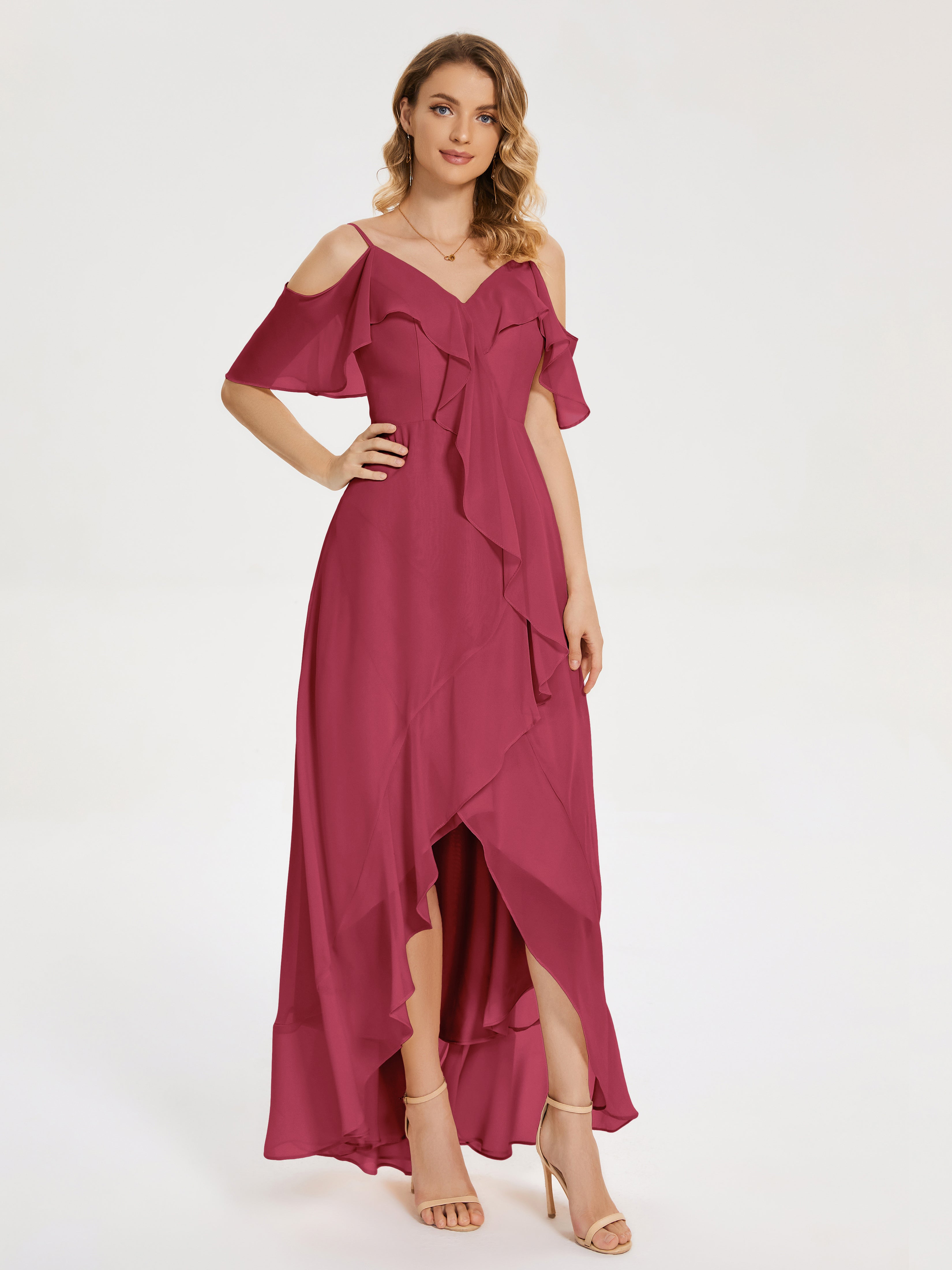 Couleur Rose Cannelle Asymétrique Mousseline Robes Demoiselle D'Honneur À Lacet