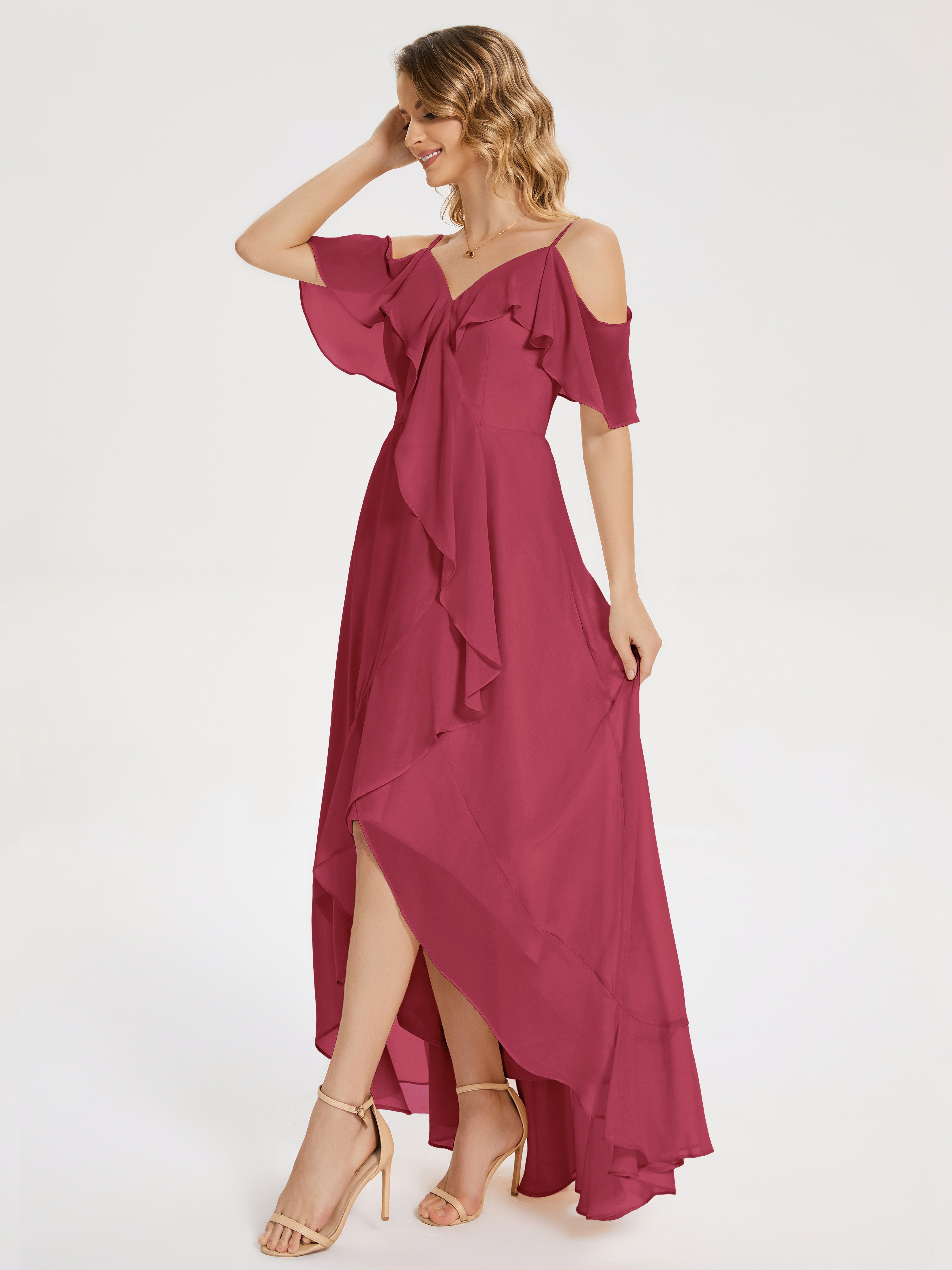 Couleur Rose Cannelle Asymétrique Mousseline Robes Demoiselle D'Honneur À Lacet