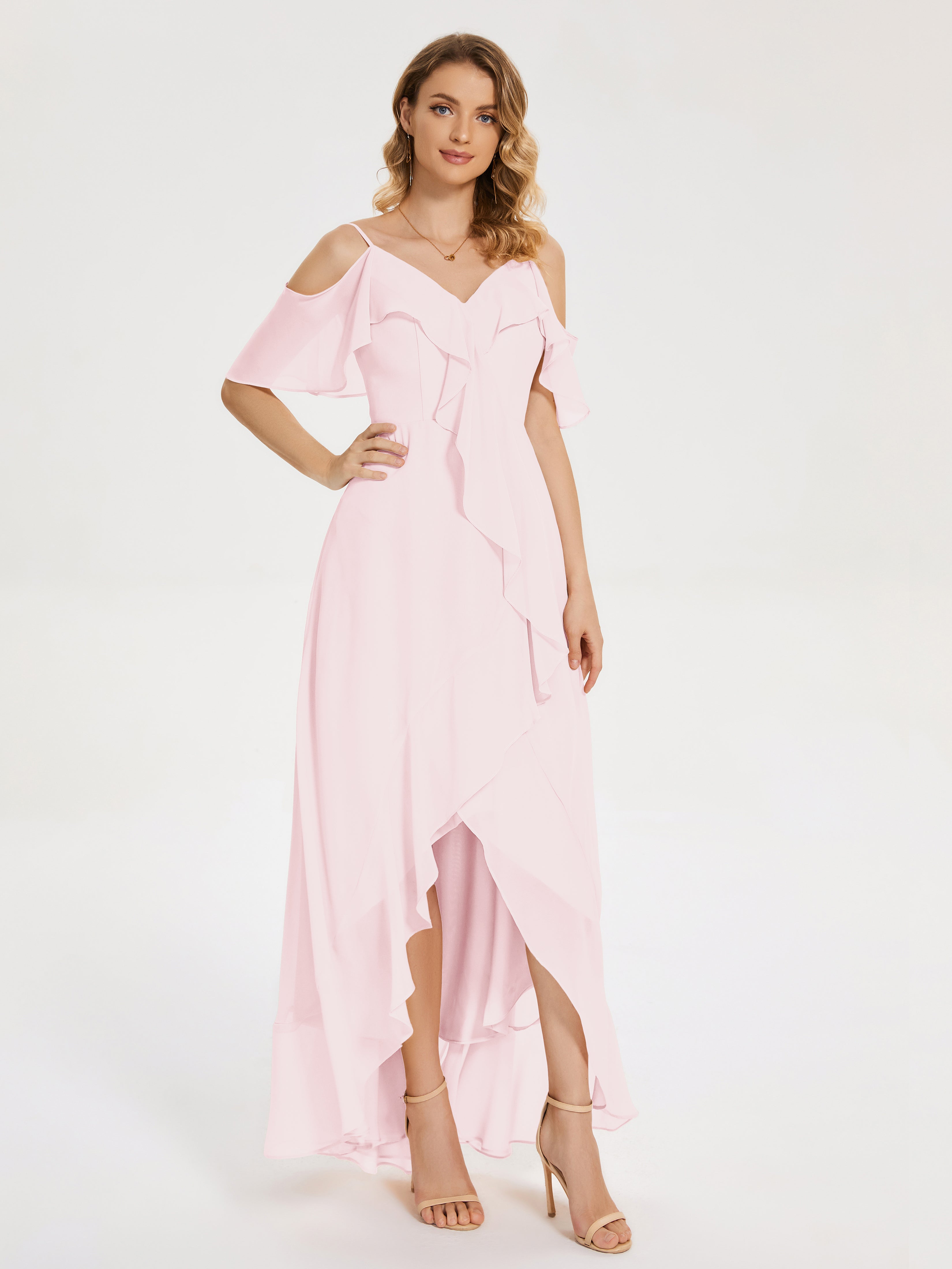Robe Demoiselles D Honneur Rose Pale Asymétrique Mousseline Robes Demoiselle D'Honneur À Lacet
