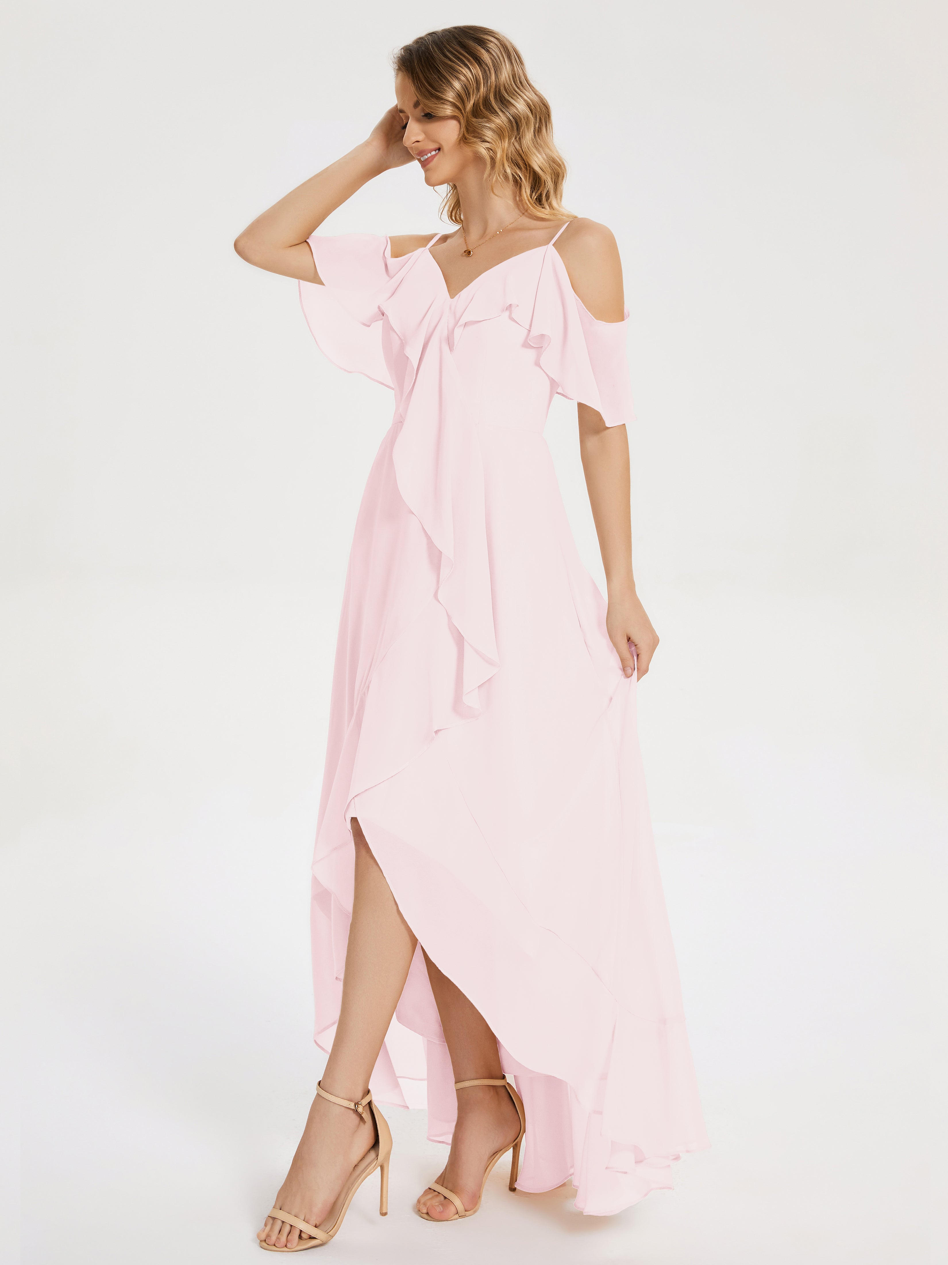 Robe Demoiselles D Honneur Rose Pale Asymétrique Mousseline Robes Demoiselle D'Honneur À Lacet