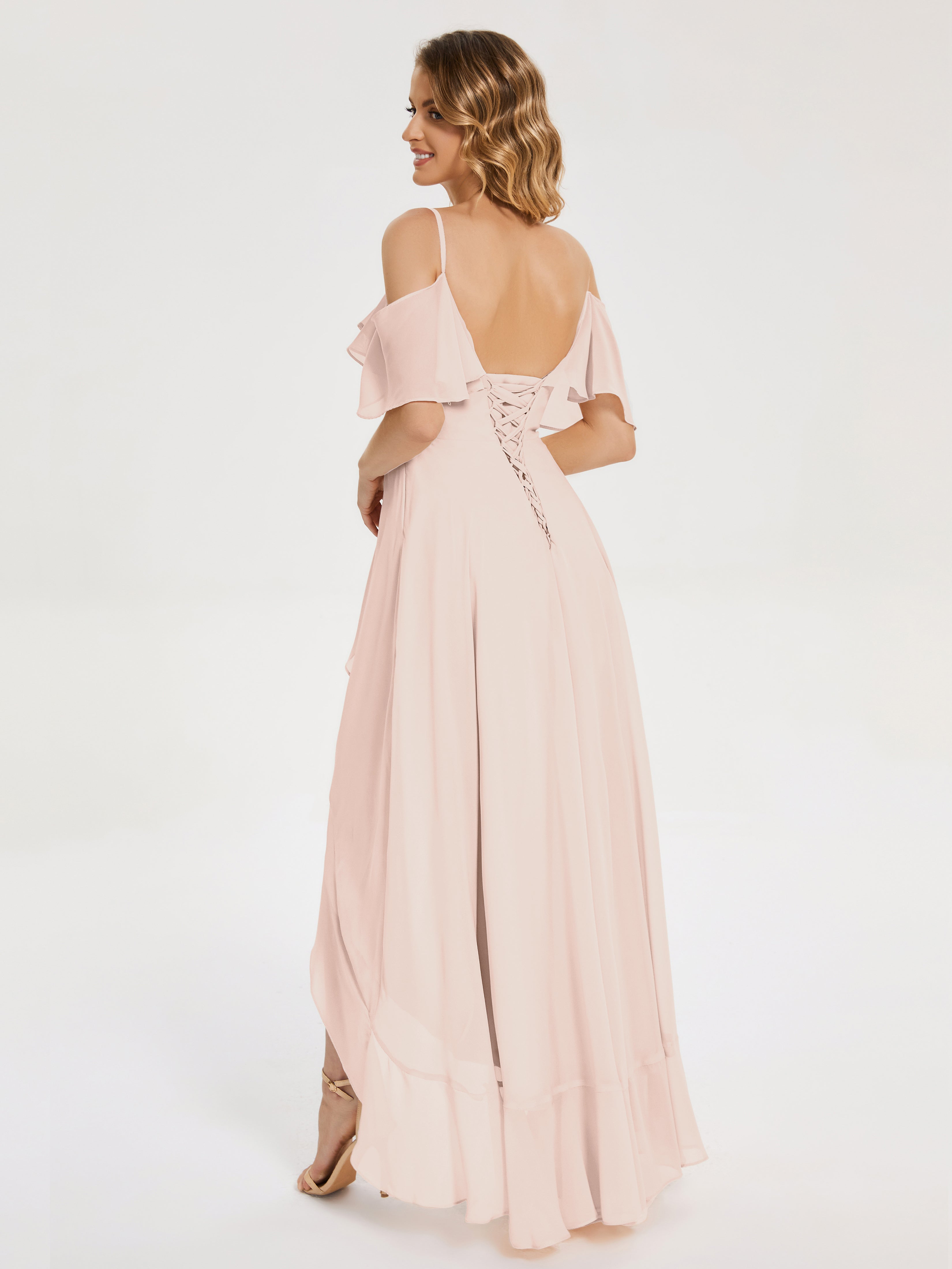 Robe De Demoiselle D'Honneur En Perles Asymétrique Mousseline Robes Demoiselle D'Honneur À Lacet