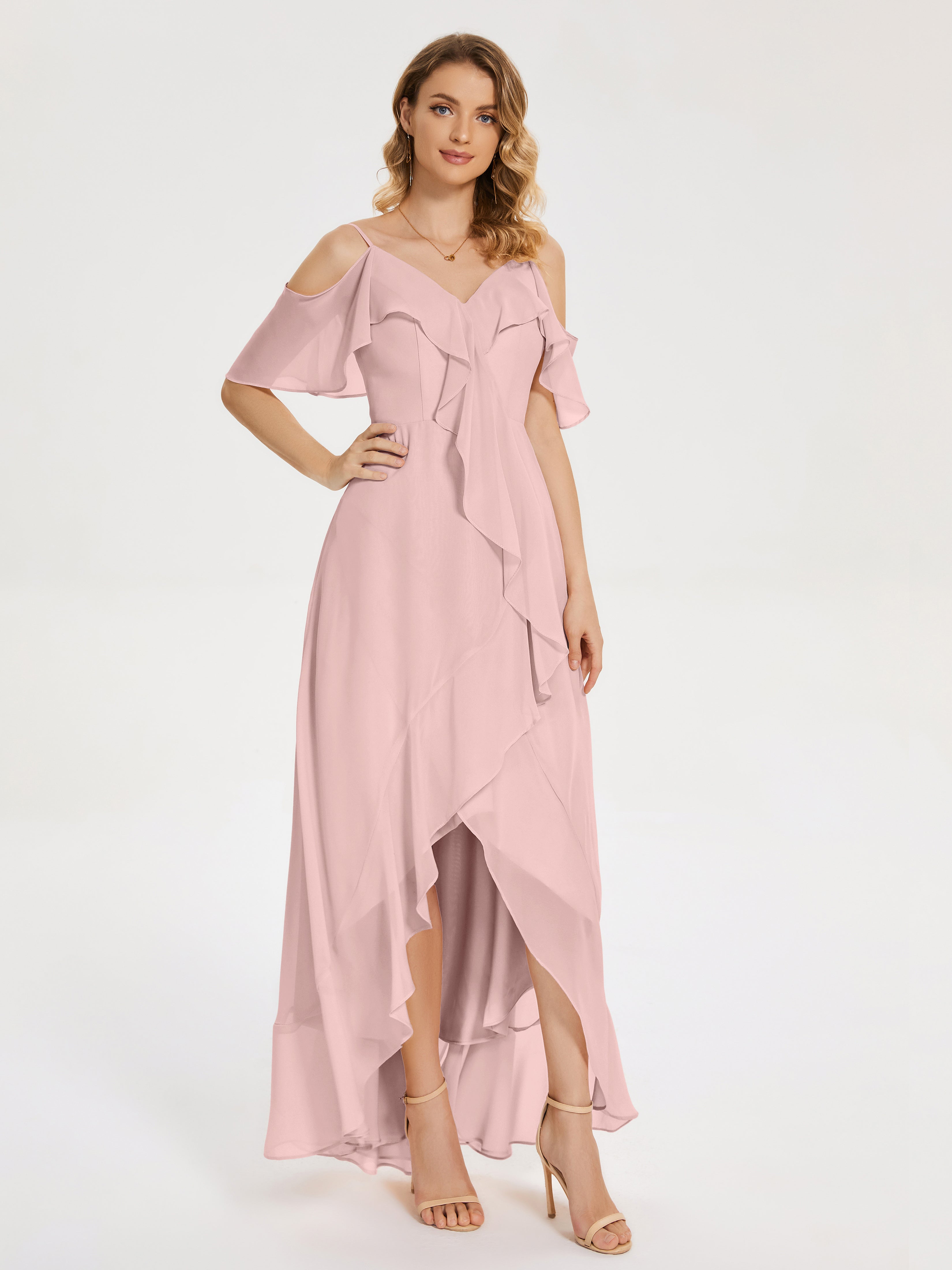 Robes De Demoiselle D'Honneur Couleur Rose Poudrée Asymétrique Mousseline Robes Demoiselle D'Honneur À Lacet
