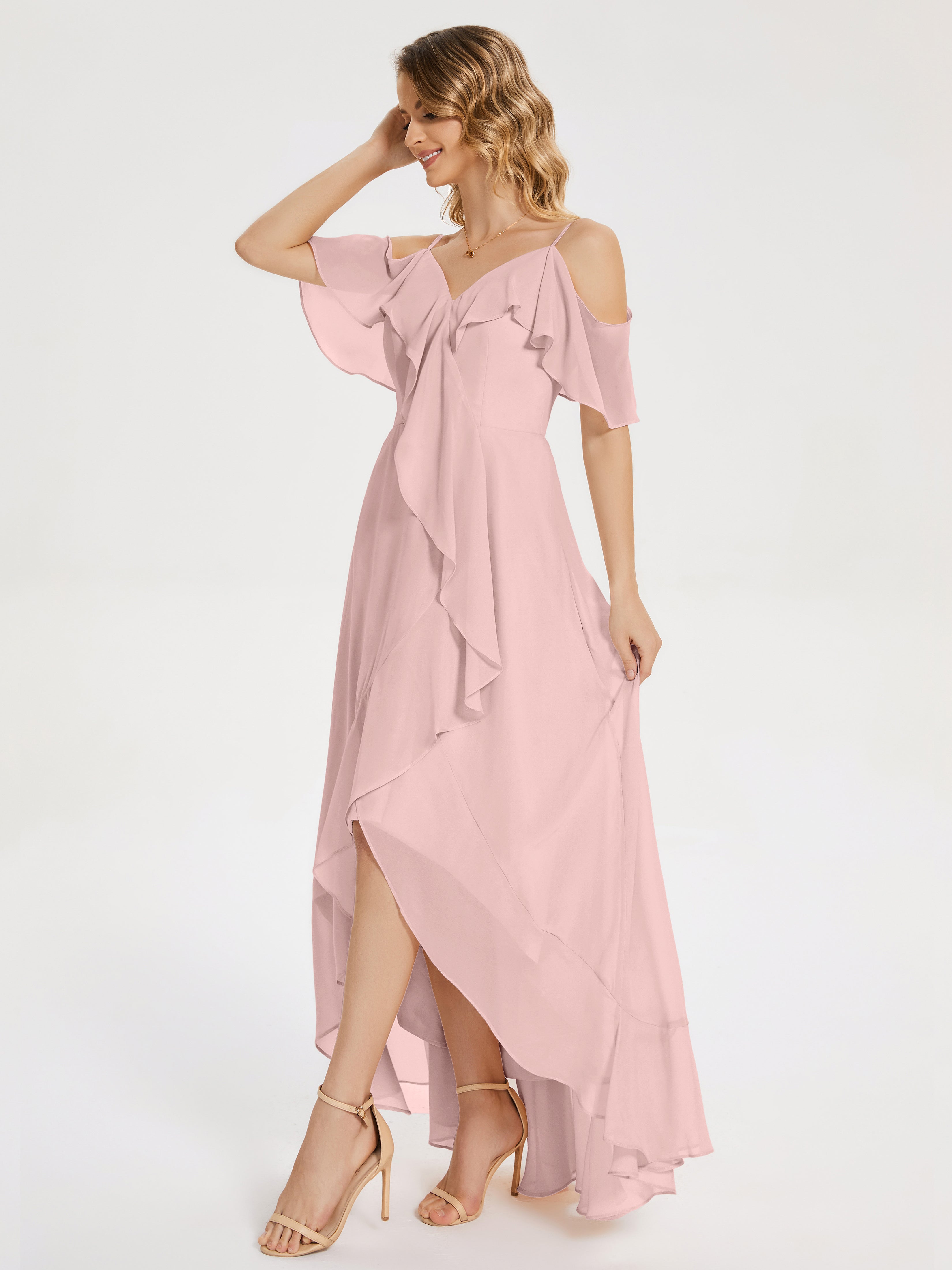 Robes De Demoiselle D'Honneur Couleur Rose Poudrée Asymétrique Mousseline Robes Demoiselle D'Honneur À Lacet