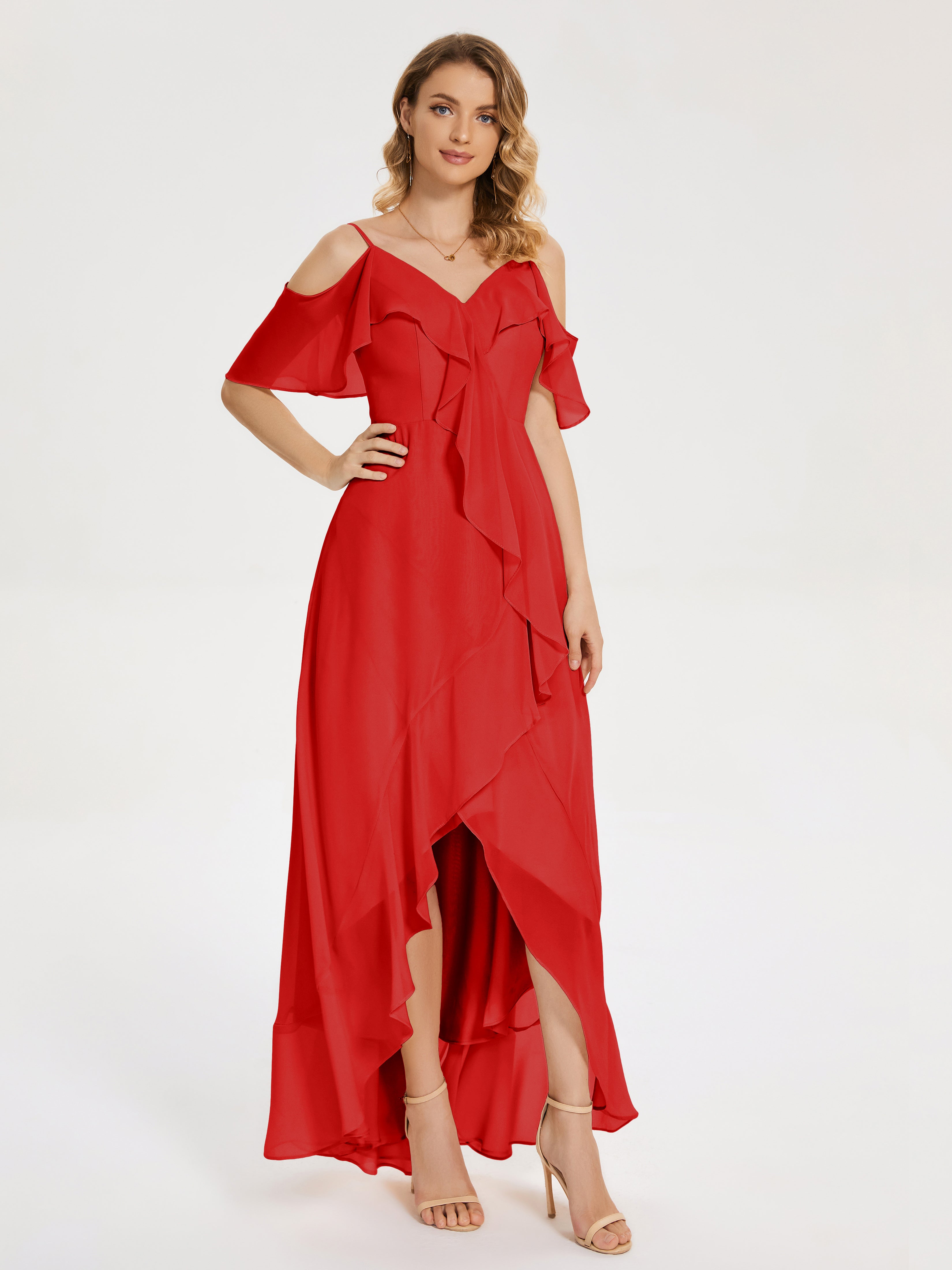 Robes De Demoiselle D'Honneur Rouges Asymétrique Mousseline Robes Demoiselle D'Honneur À Lacet