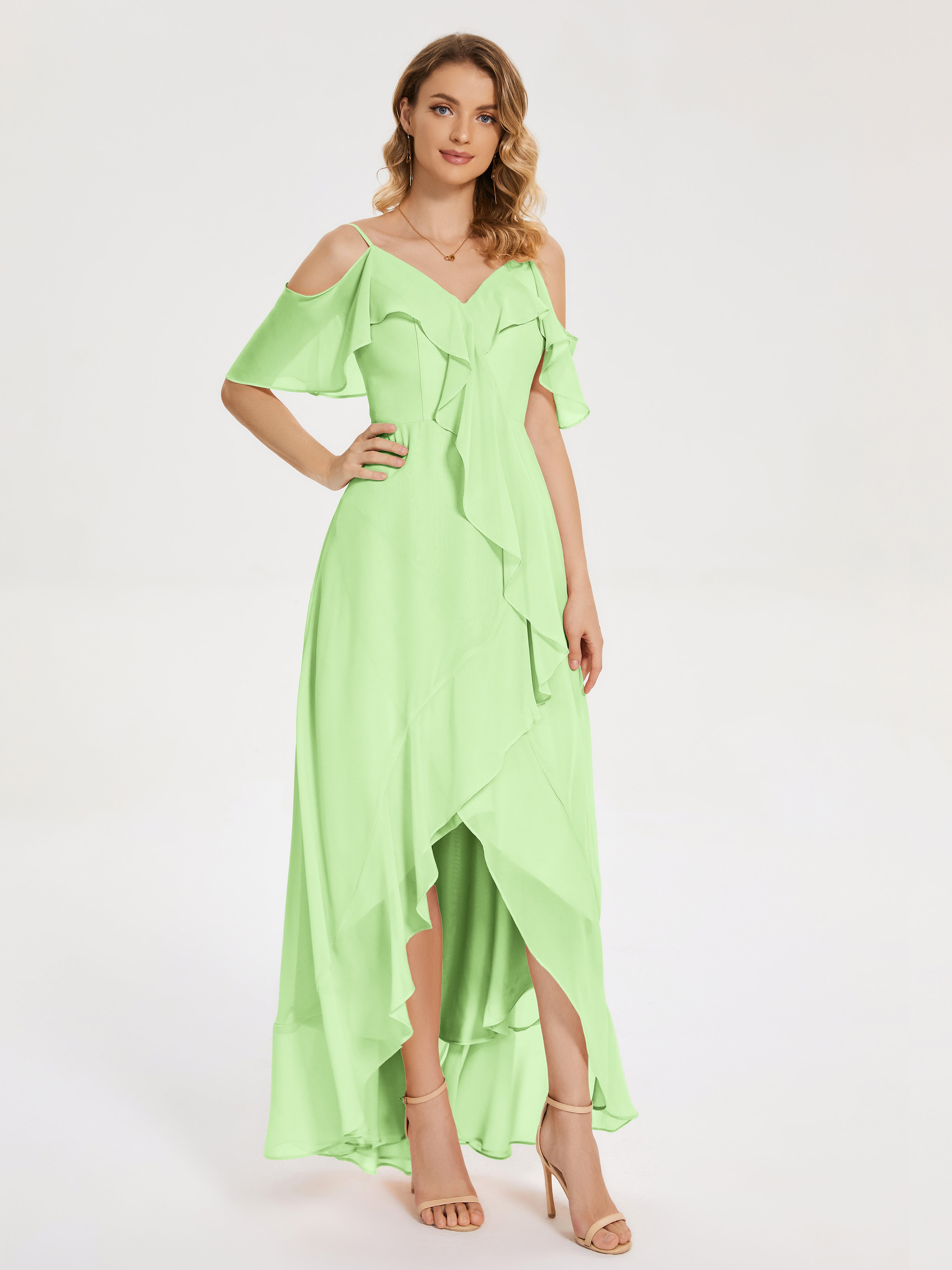 Robe Sauge Demoiselle D Honneur Asymétrique Mousseline Robes Demoiselle D'Honneur À Lacet
