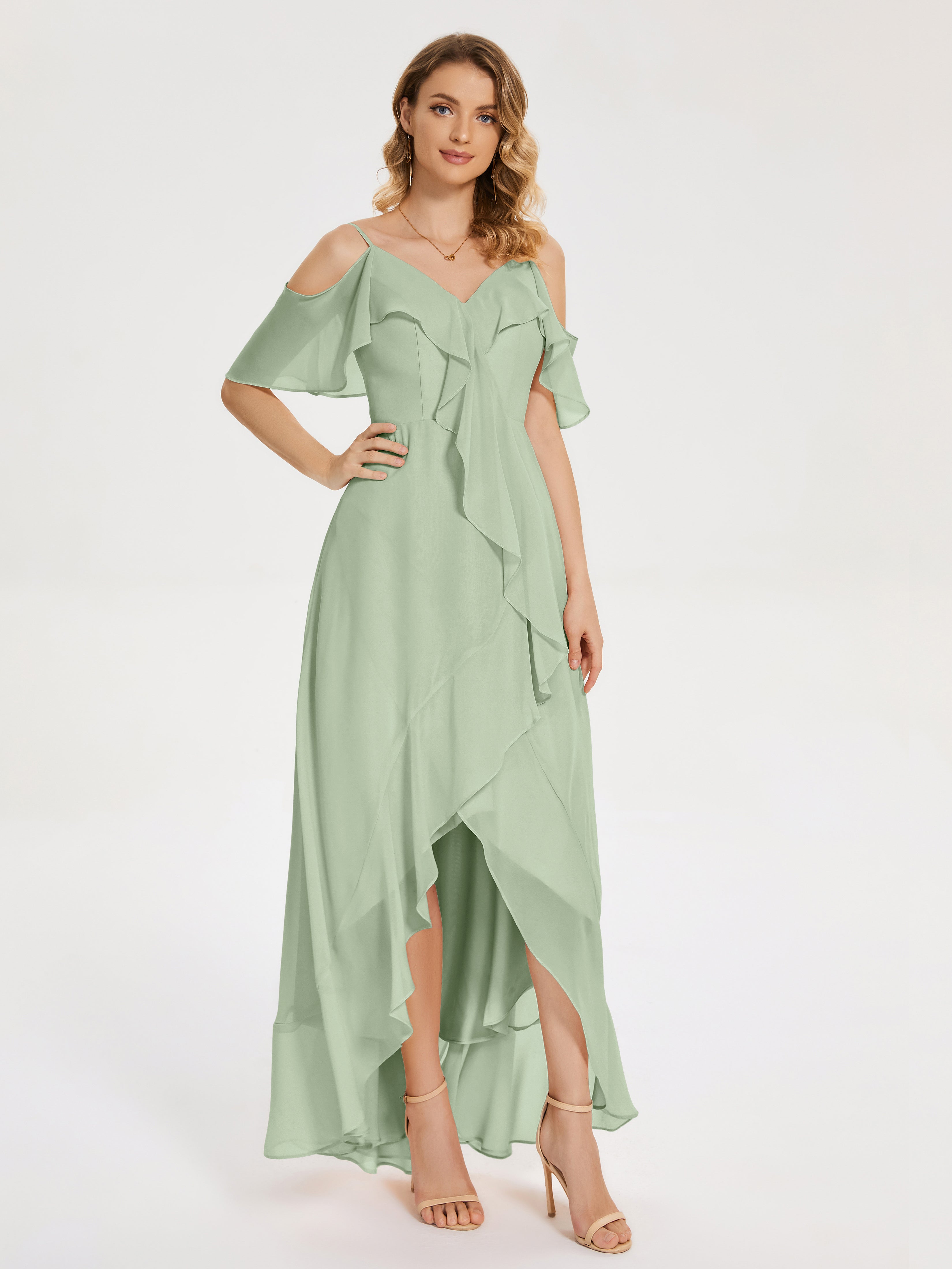 Robe Demoiselle D Honneur Sauge Poudré Asymétrique Mousseline Robes Demoiselle D'Honneur À Lacet