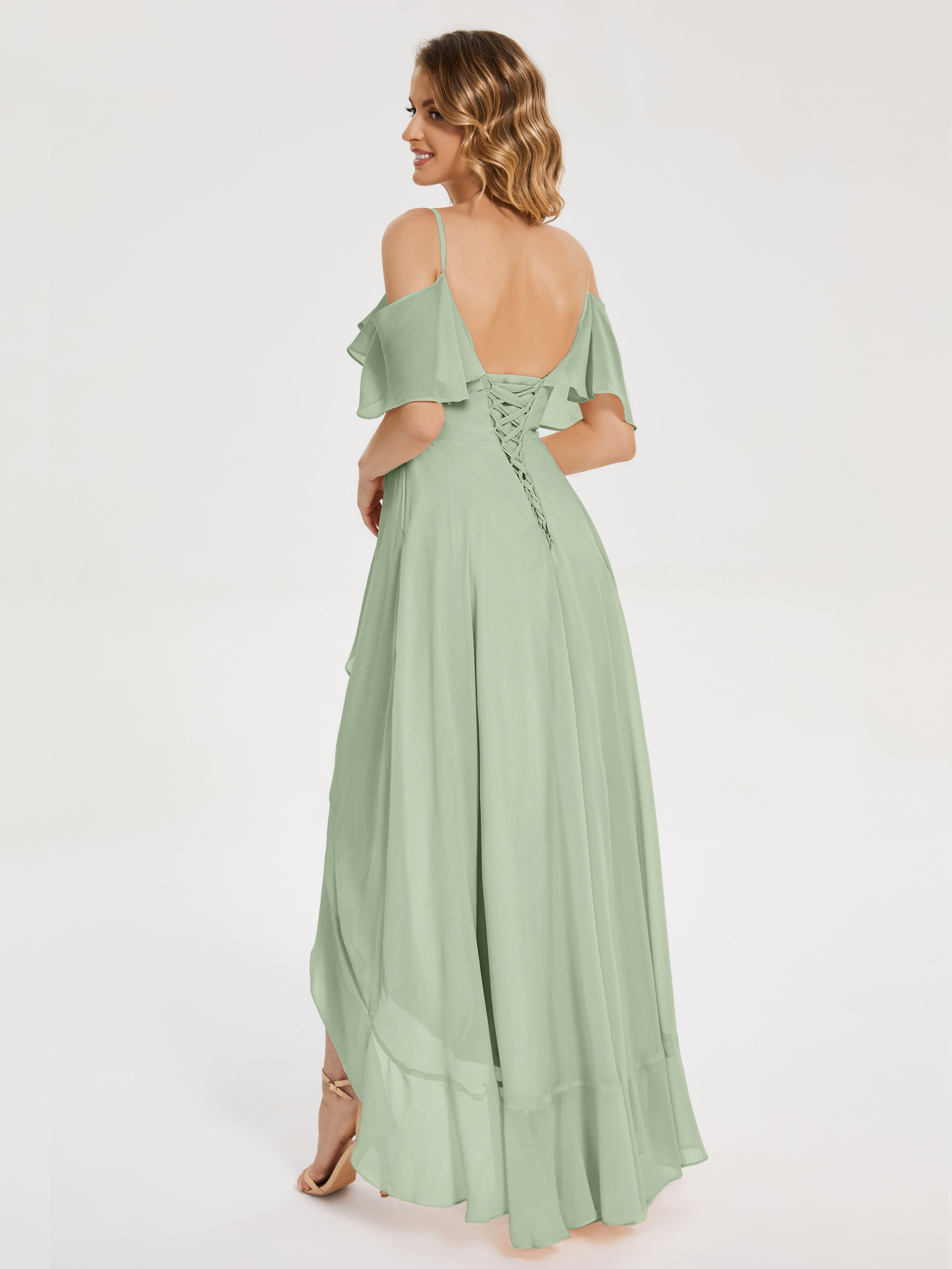 Robe Demoiselle D Honneur Sauge Poudré Asymétrique Mousseline Robes Demoiselle D'Honneur À Lacet