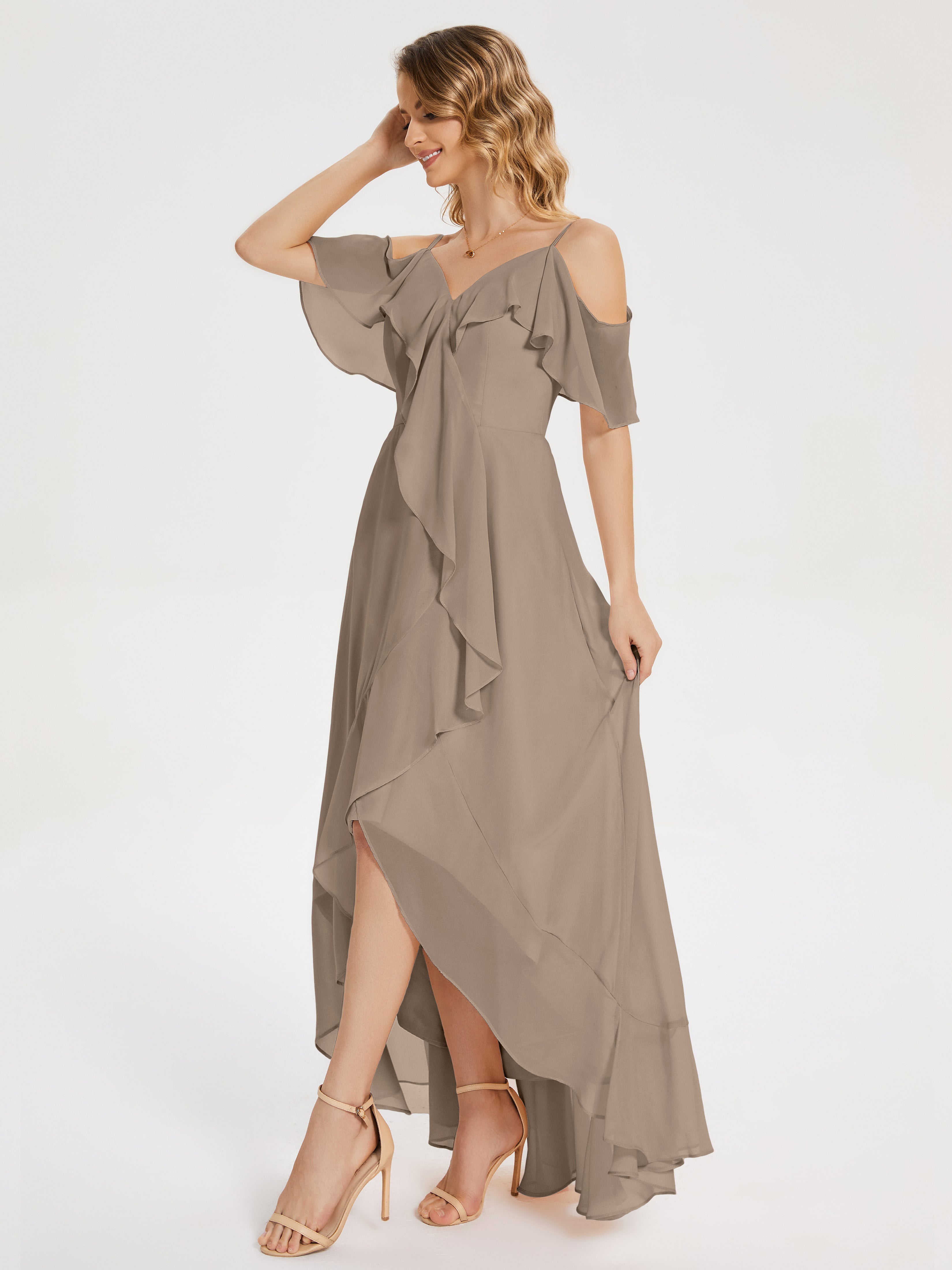 Robe De Couleur Taupe Asymétrique Mousseline Robes Demoiselle D'Honneur À Lacet