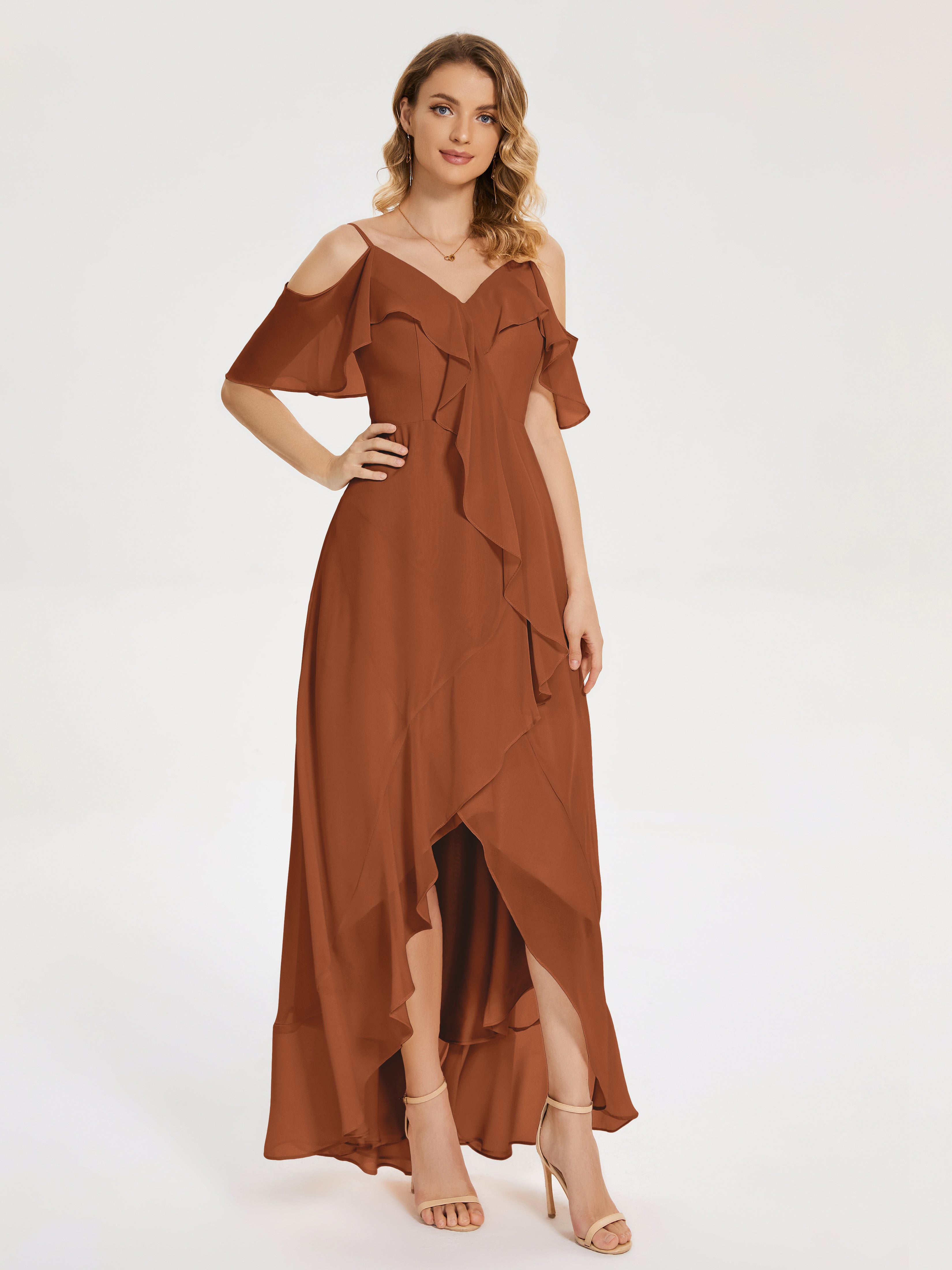 Robe De Demoiselle D Honneur Terracotta Asymétrique Mousseline Robes Demoiselle D'Honneur À Lacet