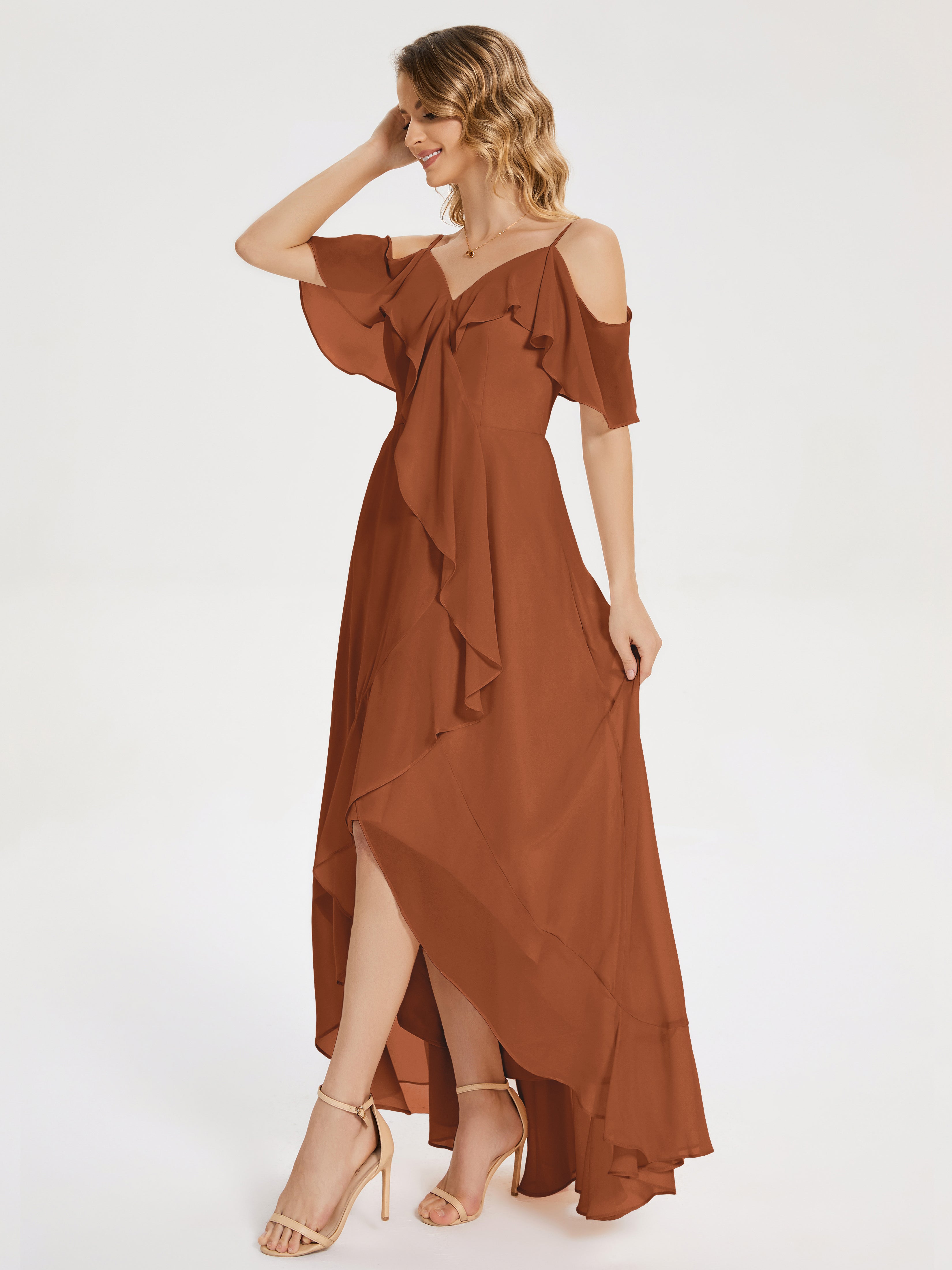 Robe De Demoiselle D Honneur Terracotta Asymétrique Mousseline Robes Demoiselle D'Honneur À Lacet