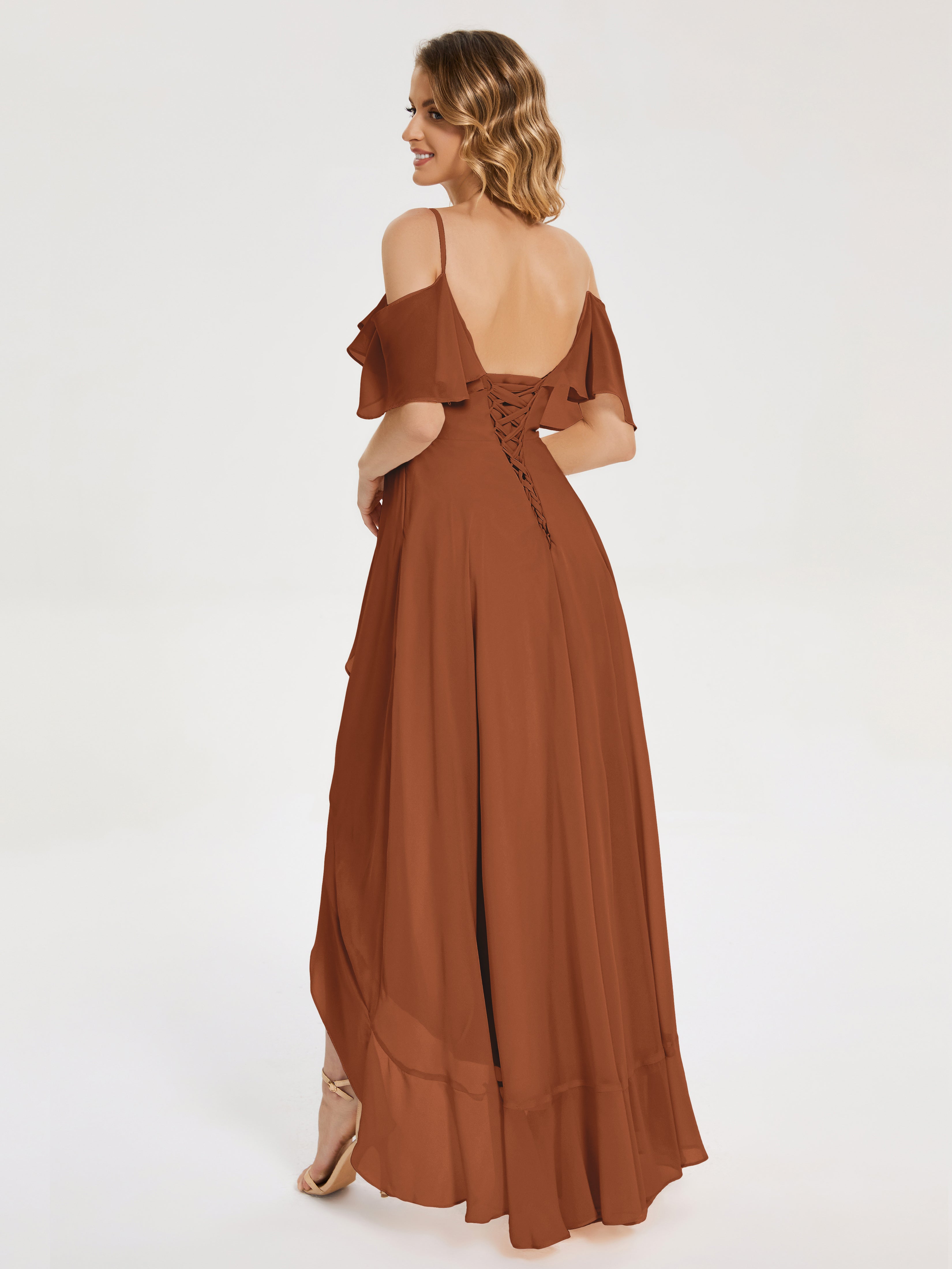 Robe De Demoiselle D Honneur Terracotta Asymétrique Mousseline Robes Demoiselle D'Honneur À Lacet