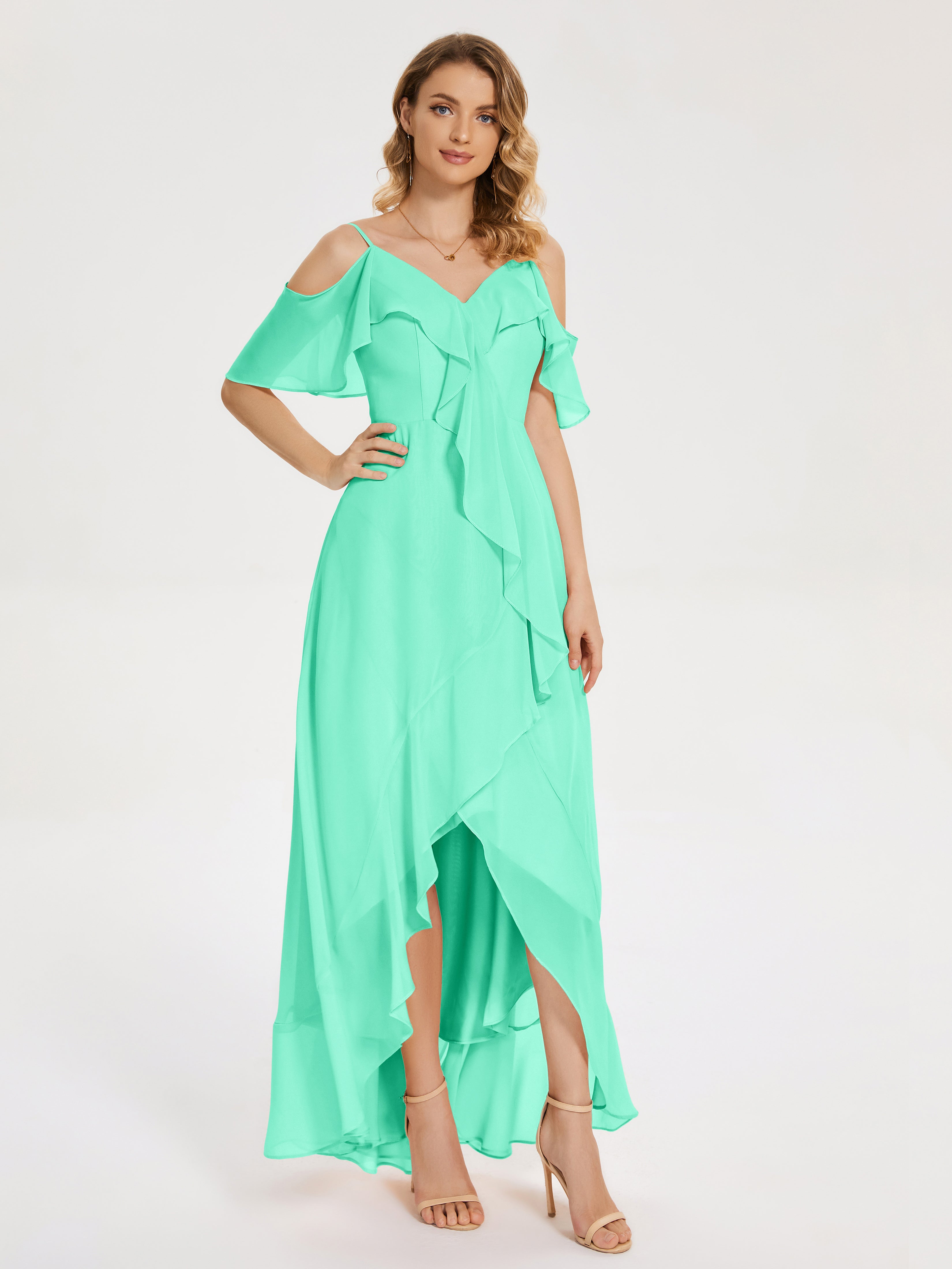 Robe Demoiselle D Honneur Bleu Turquoise Asymétrique Mousseline Robes Demoiselle D'Honneur À Lacet