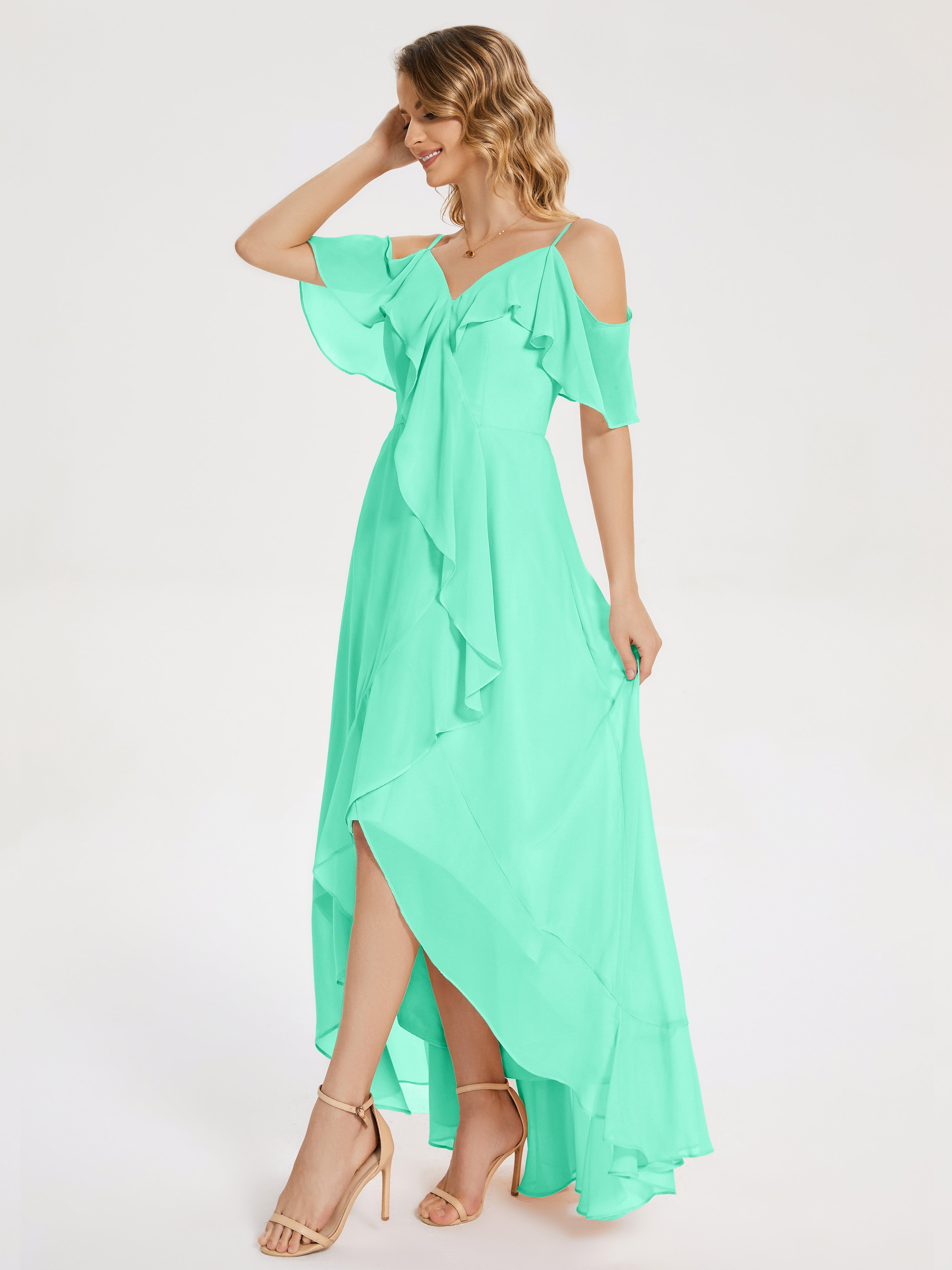 Robe Demoiselle D Honneur Bleu Turquoise Asymétrique Mousseline Robes Demoiselle D'Honneur À Lacet