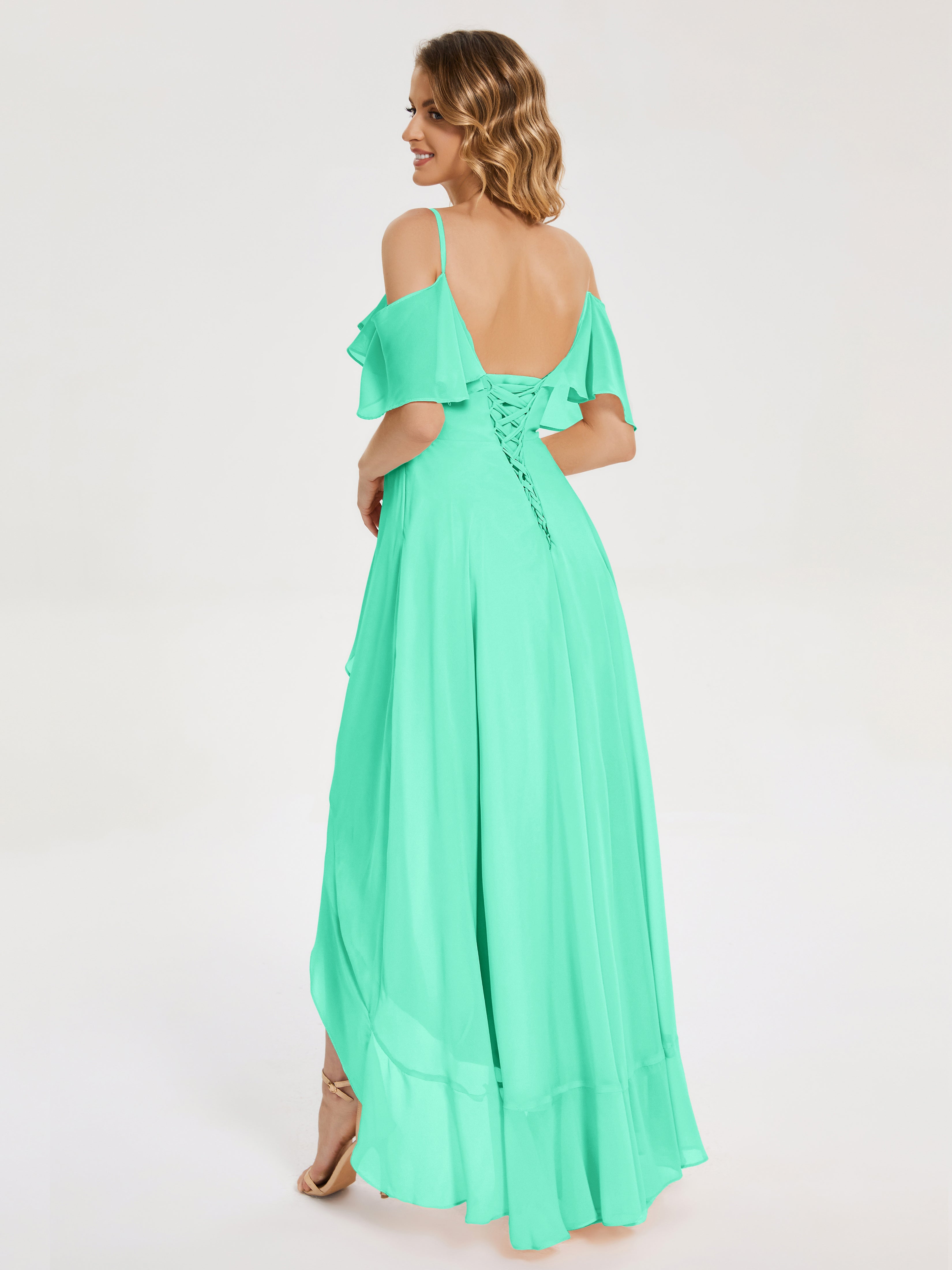 Robe Demoiselle D Honneur Bleu Turquoise Asymétrique Mousseline Robes Demoiselle D'Honneur À Lacet