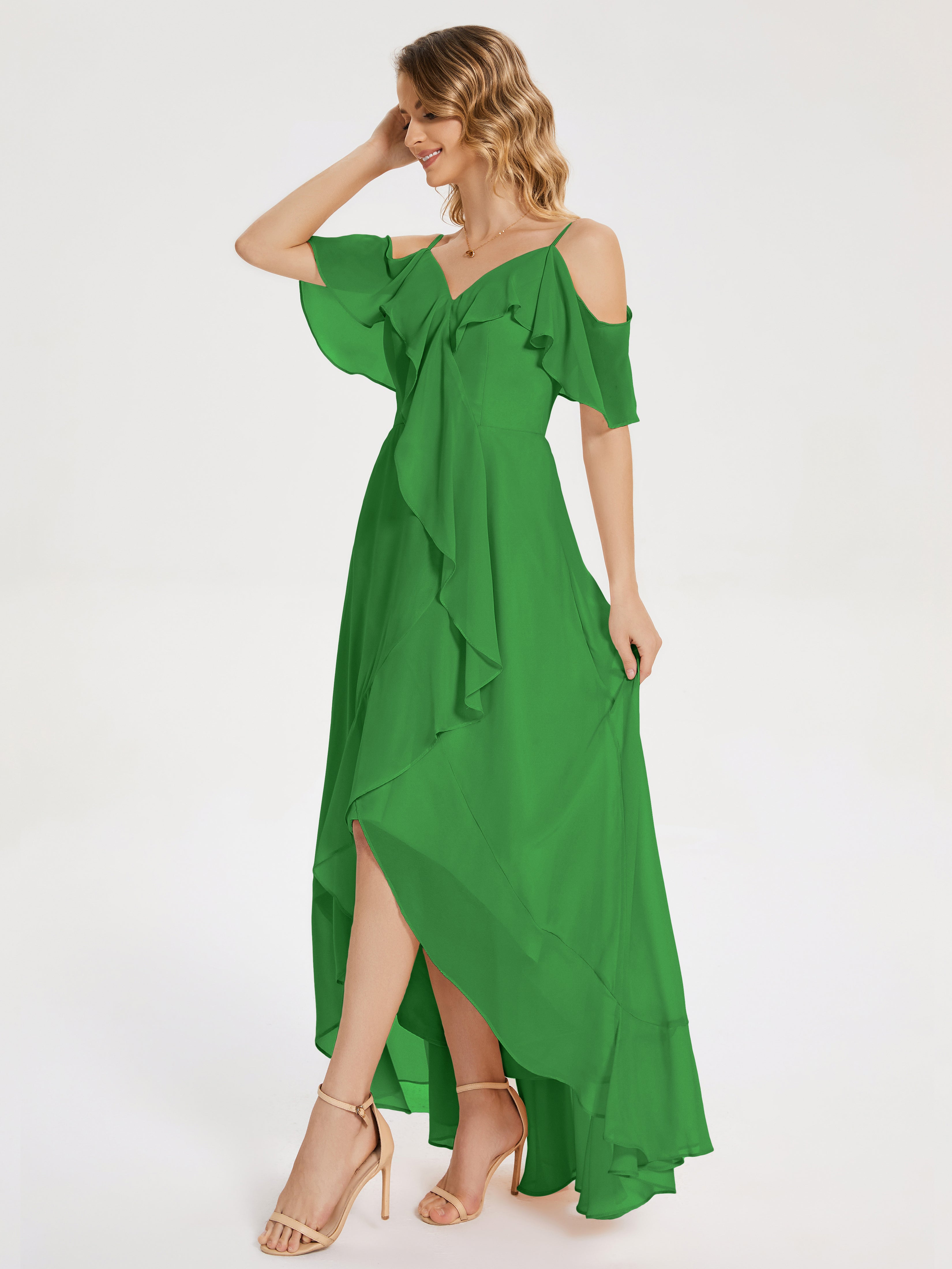 Robe Vert Demoiselle D Honneur Asymétrique Mousseline Robes Demoiselle D'Honneur À Lacet