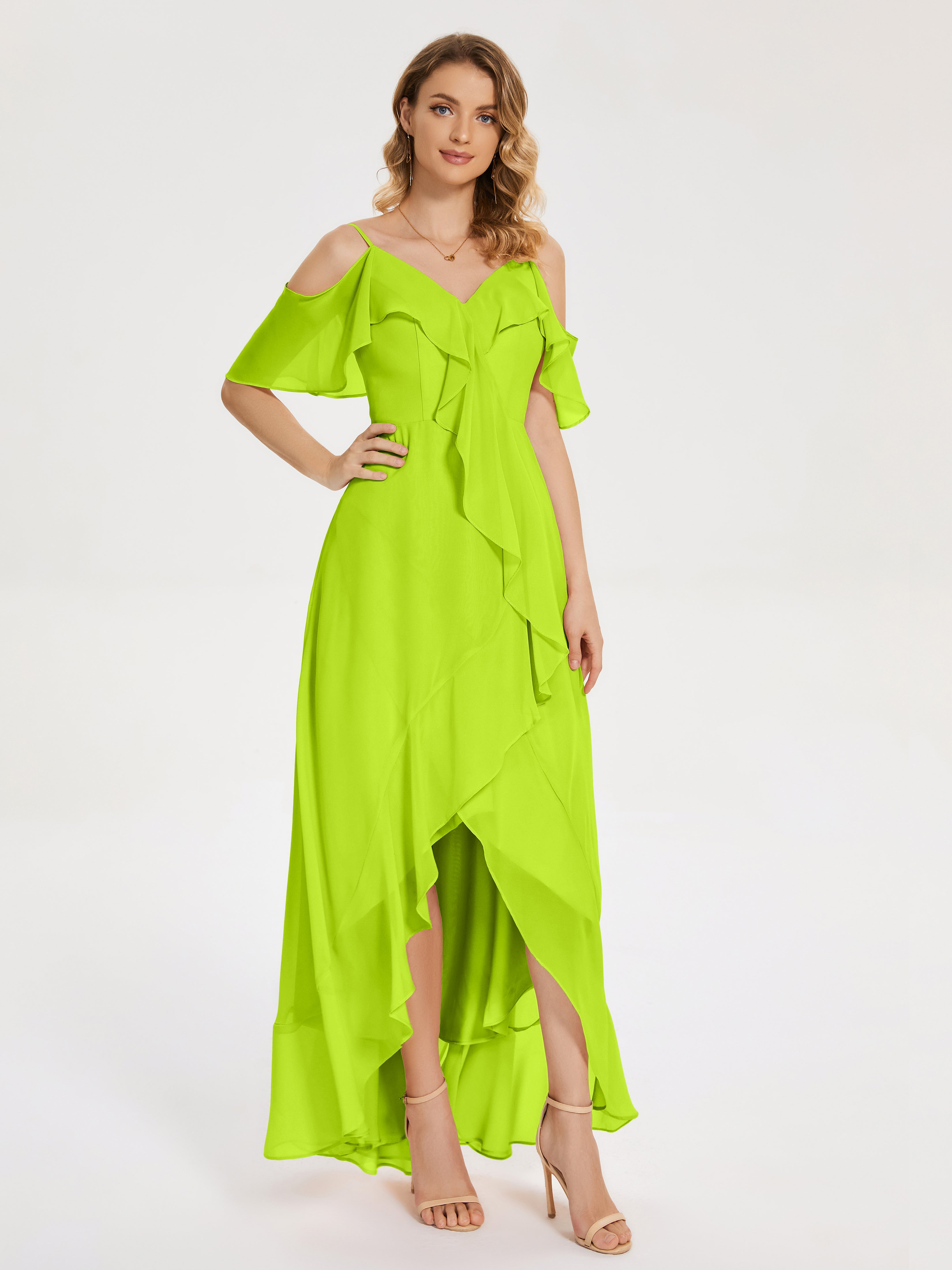 Robes De Demoiselle D'Honneur Vert Citron Asymétrique Mousseline Robes Demoiselle D'Honneur À Lacet