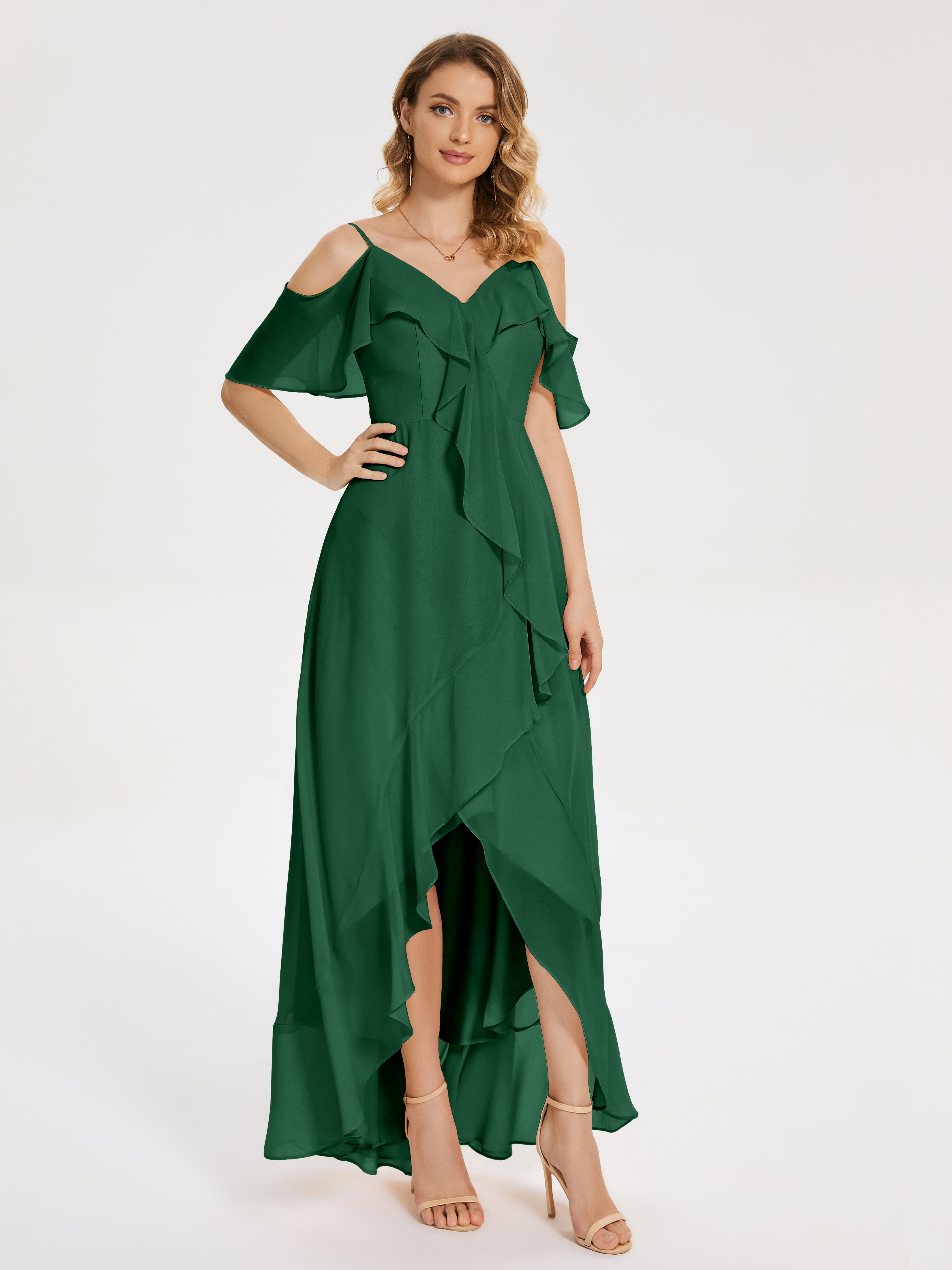 Demoiselle D'Honneur Vert Foncé Asymétrique Mousseline Robes Demoiselle D'Honneur À Lacet