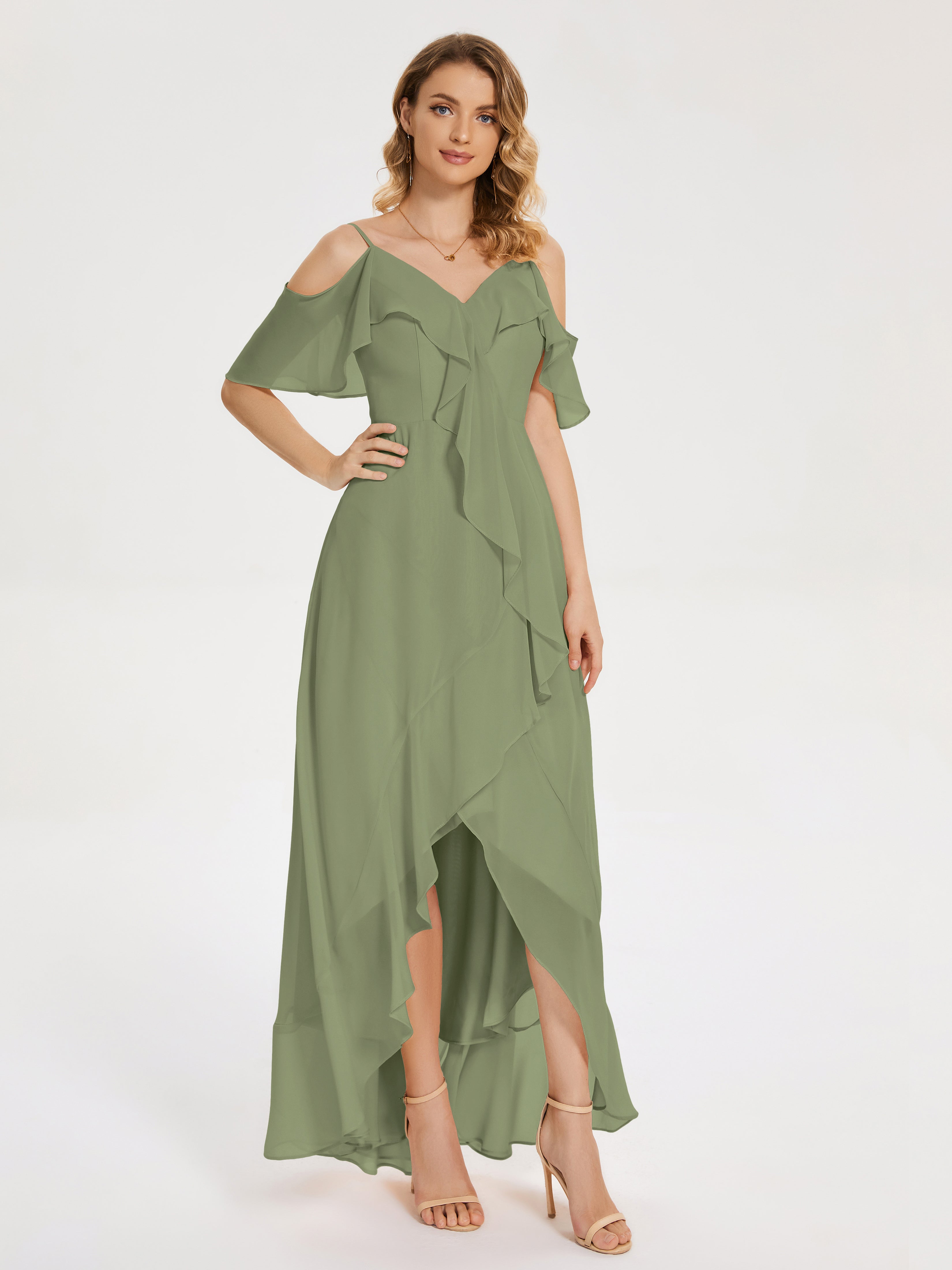 Robe De Demoiselle D Honneur Vert Olive Asymétrique Mousseline Robes Demoiselle D'Honneur À Lacet