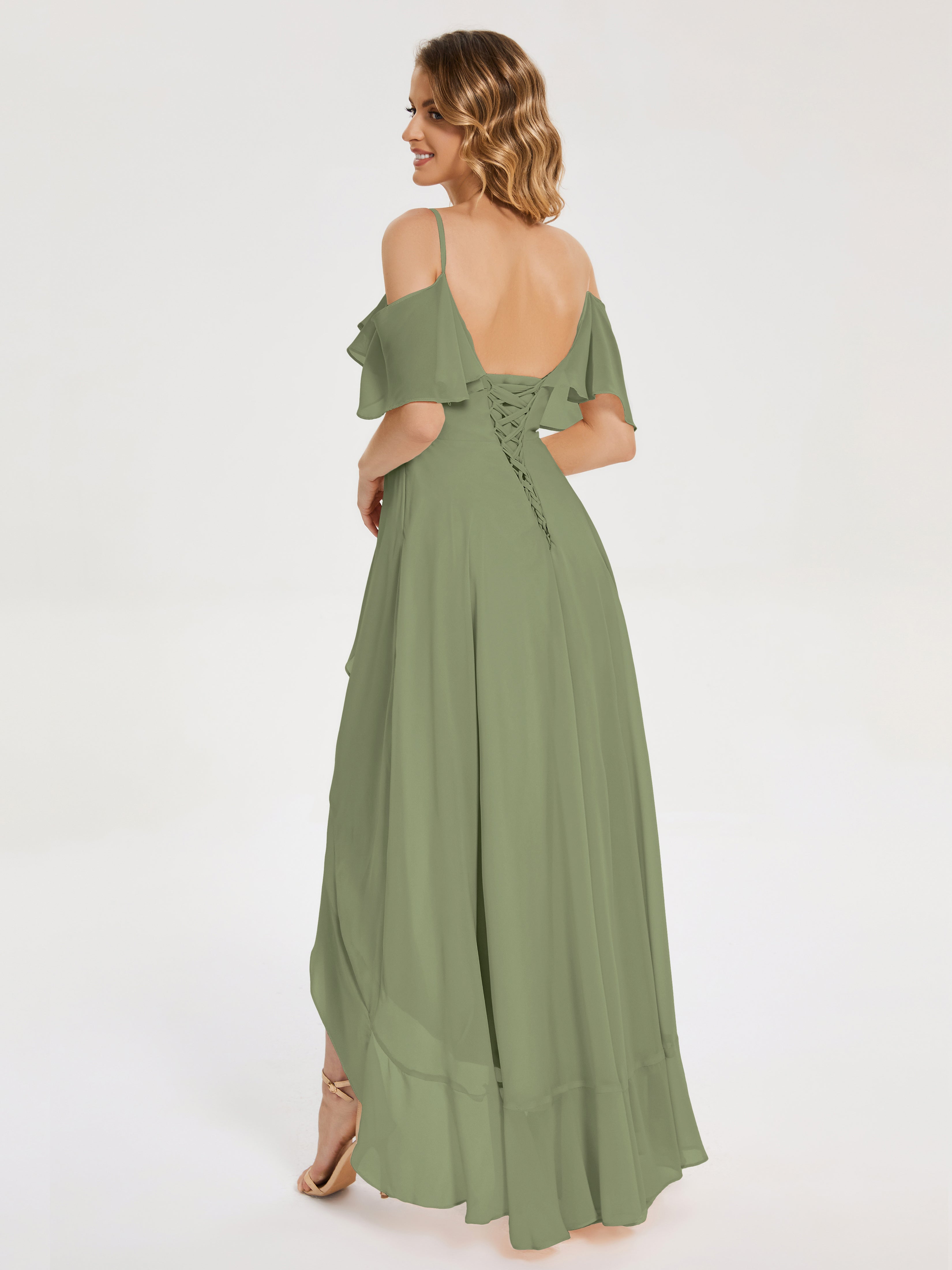 Robe De Demoiselle D Honneur Vert Olive Asymétrique Mousseline Robes Demoiselle D'Honneur À Lacet