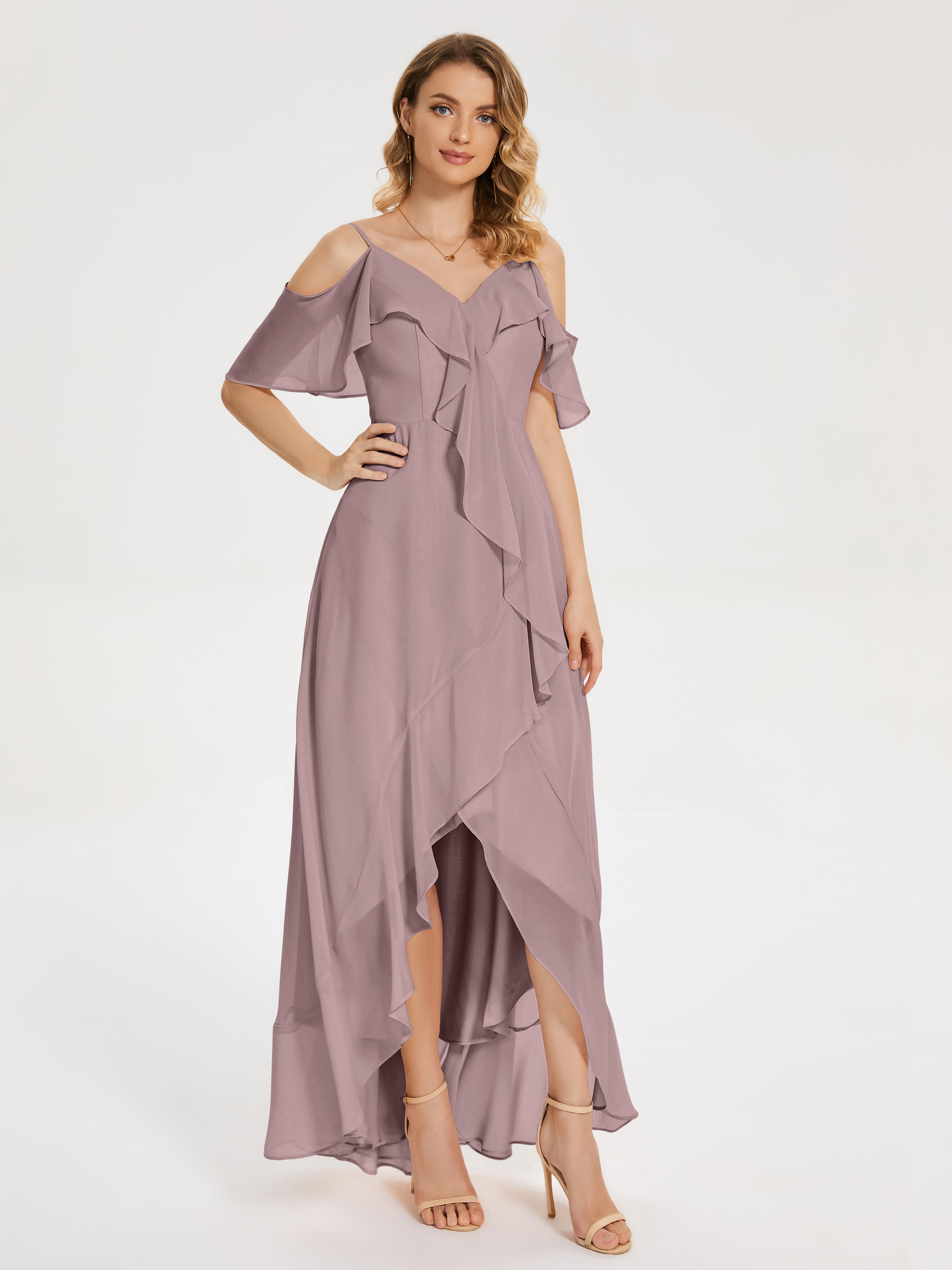 Robes De Demoiselle D'Honneur Vintage Mauve Asymétrique Mousseline Robes Demoiselle D'Honneur À Lacet