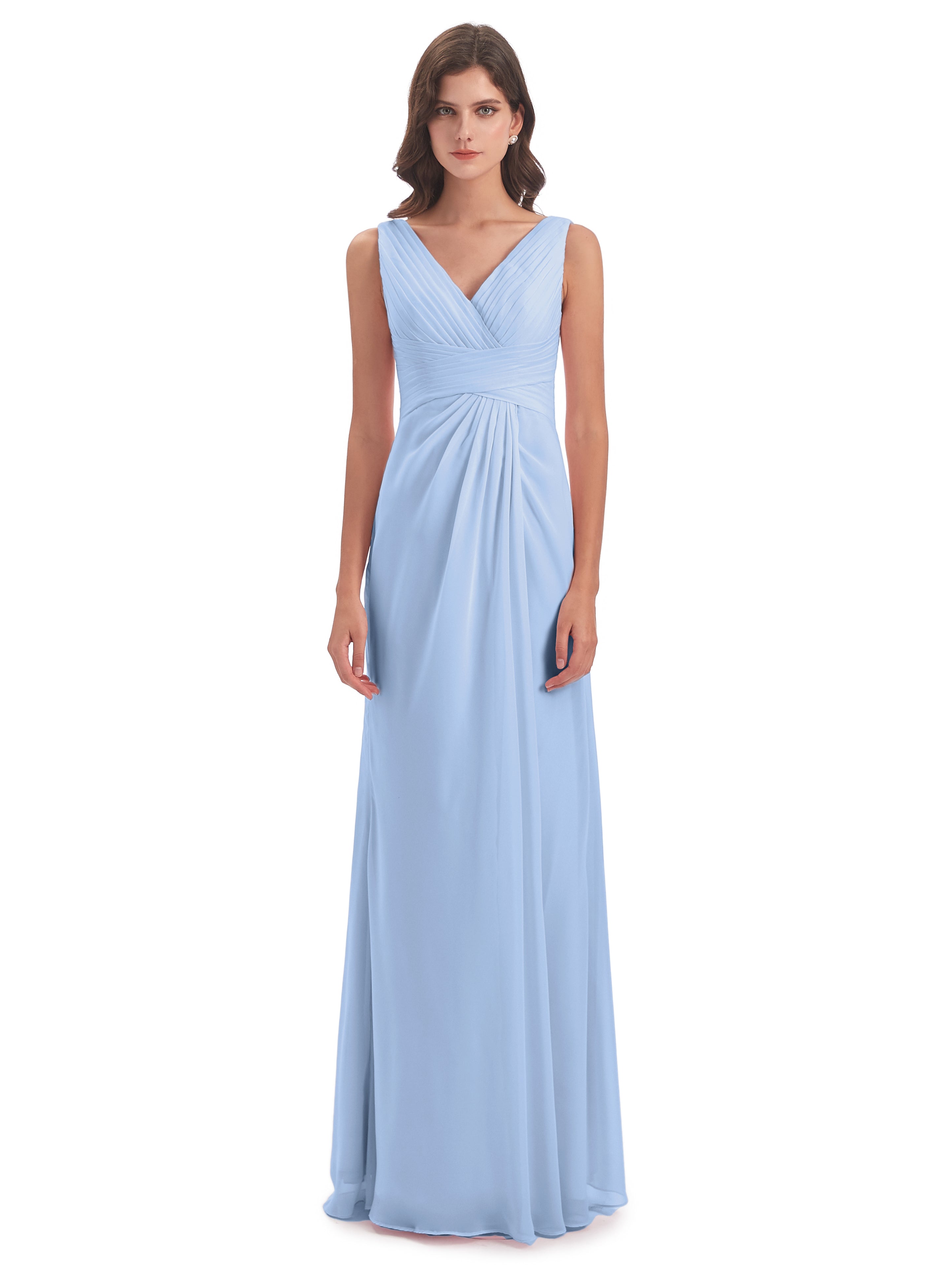 Demoiselle D Honneur Bleu Ciel Fendue Devant Mousseline Longue Robes Demoiselle D'Honneur