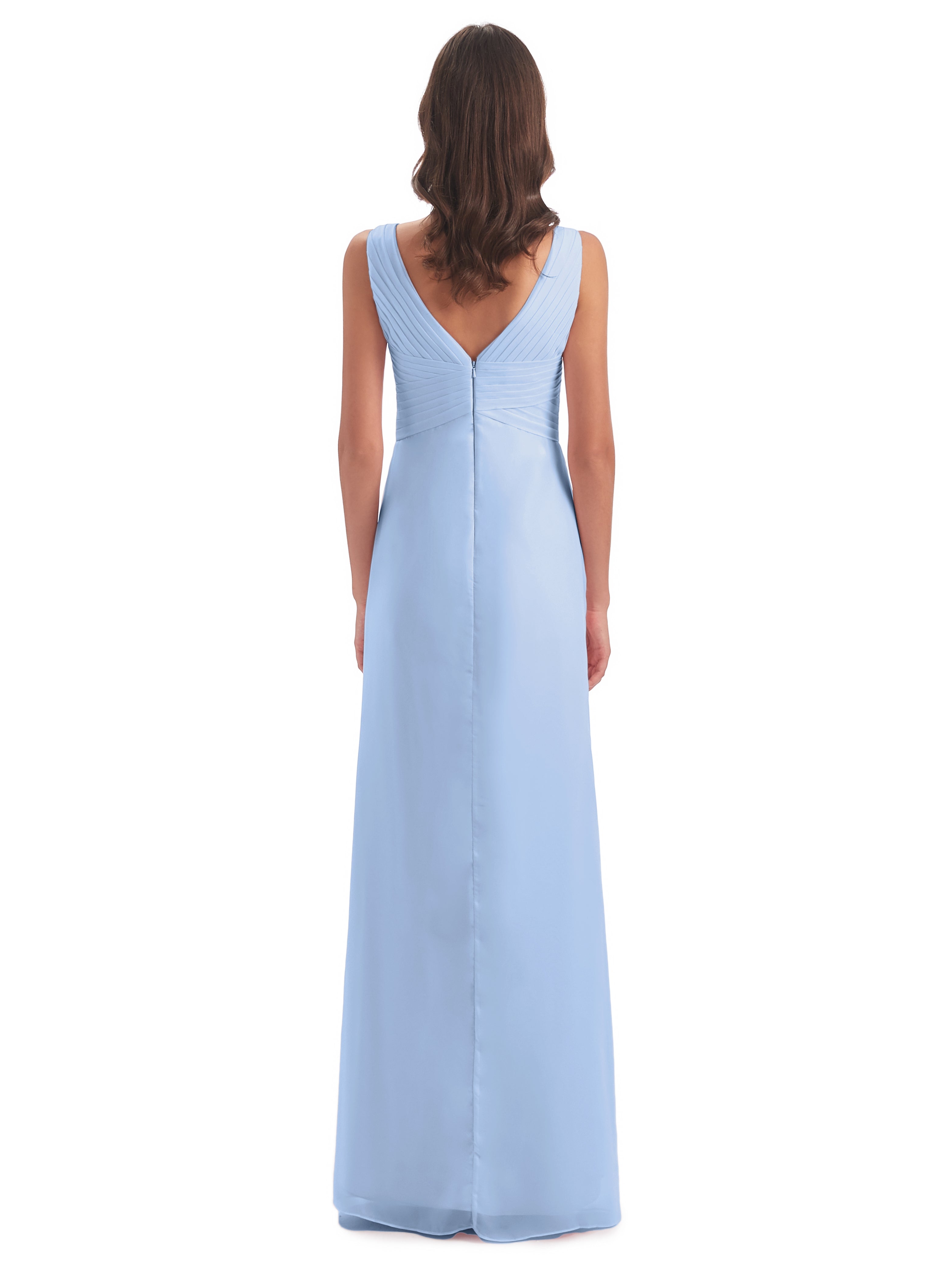 Demoiselle D Honneur Bleu Ciel Fendue Devant Mousseline Longue Robes Demoiselle D'Honneur