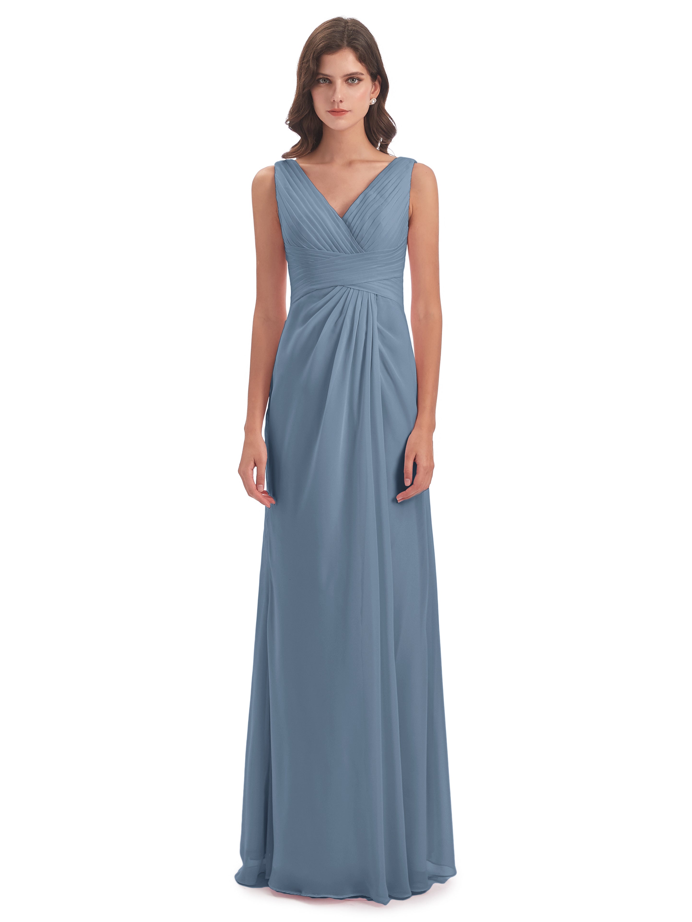 Robes De Demoiselle D'Honneur Bleu De Schiste Fendue Devant Mousseline Longue Robes Demoiselle D'Honneur