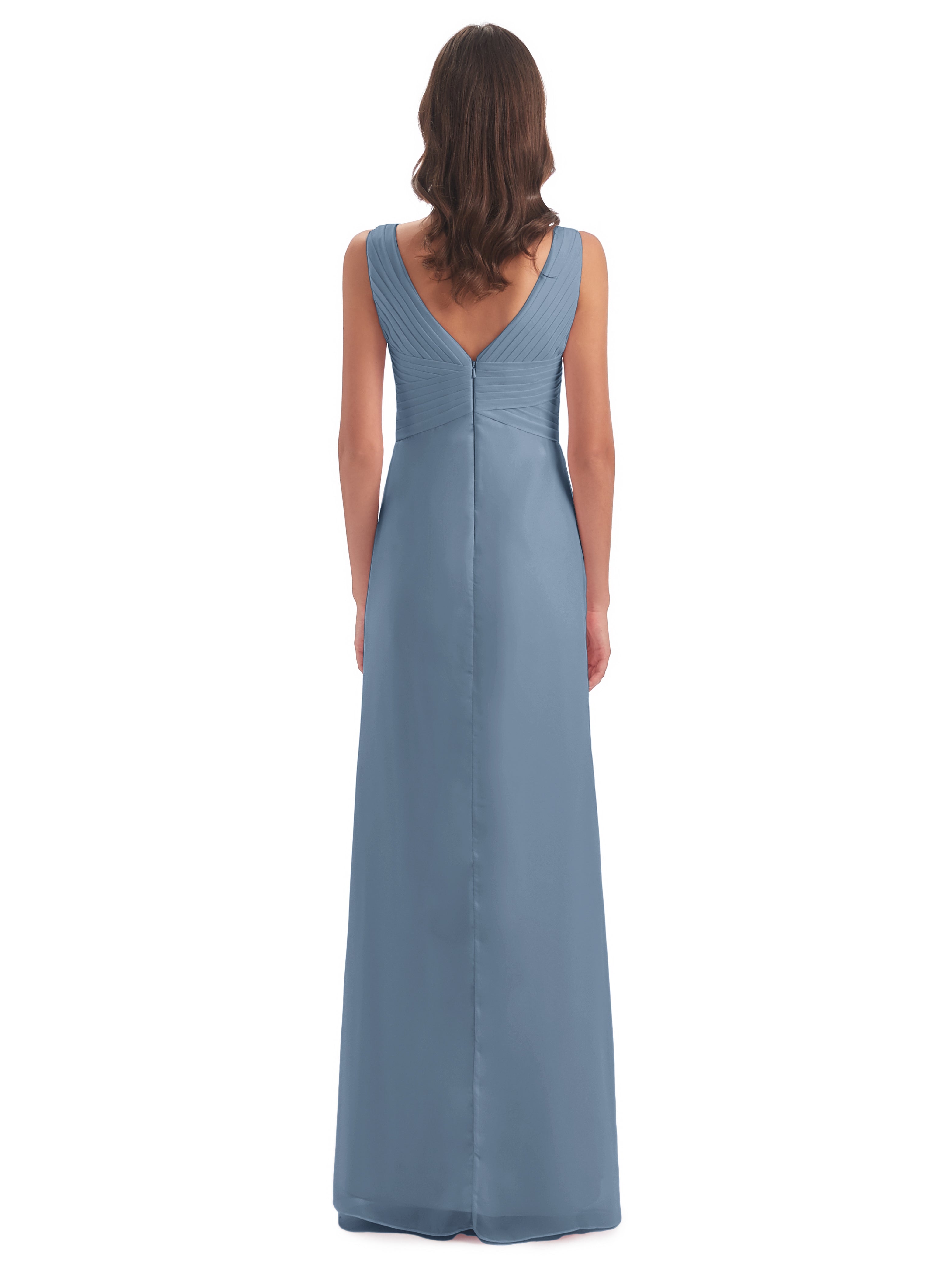 Robes De Demoiselle D'Honneur Bleu De Schiste Fendue Devant Mousseline Longue Robes Demoiselle D'Honneur