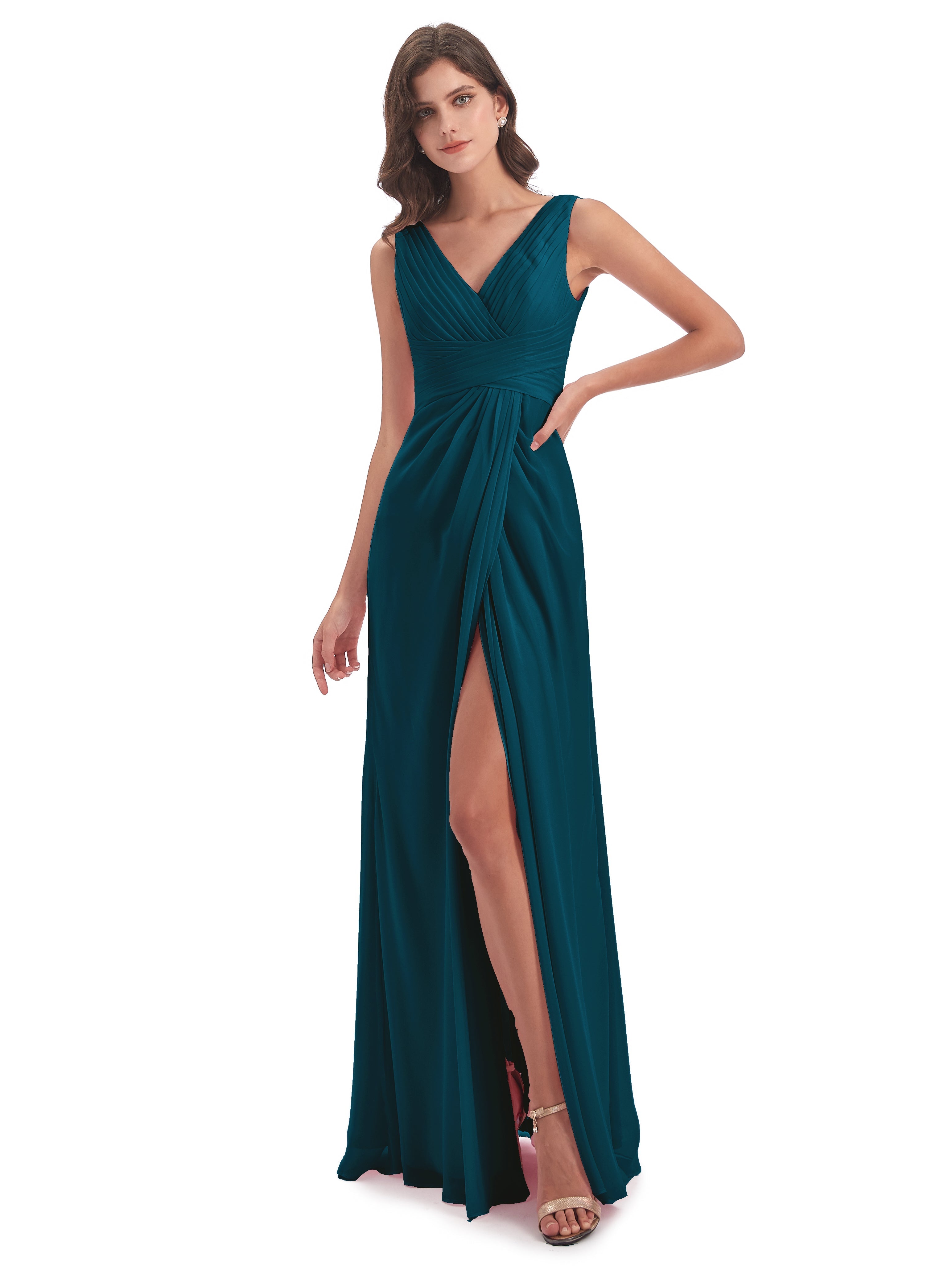 Robes De Demoiselle D'Honneur Bleu Encre Fendue Devant Mousseline Longue Robes Demoiselle D'Honneur