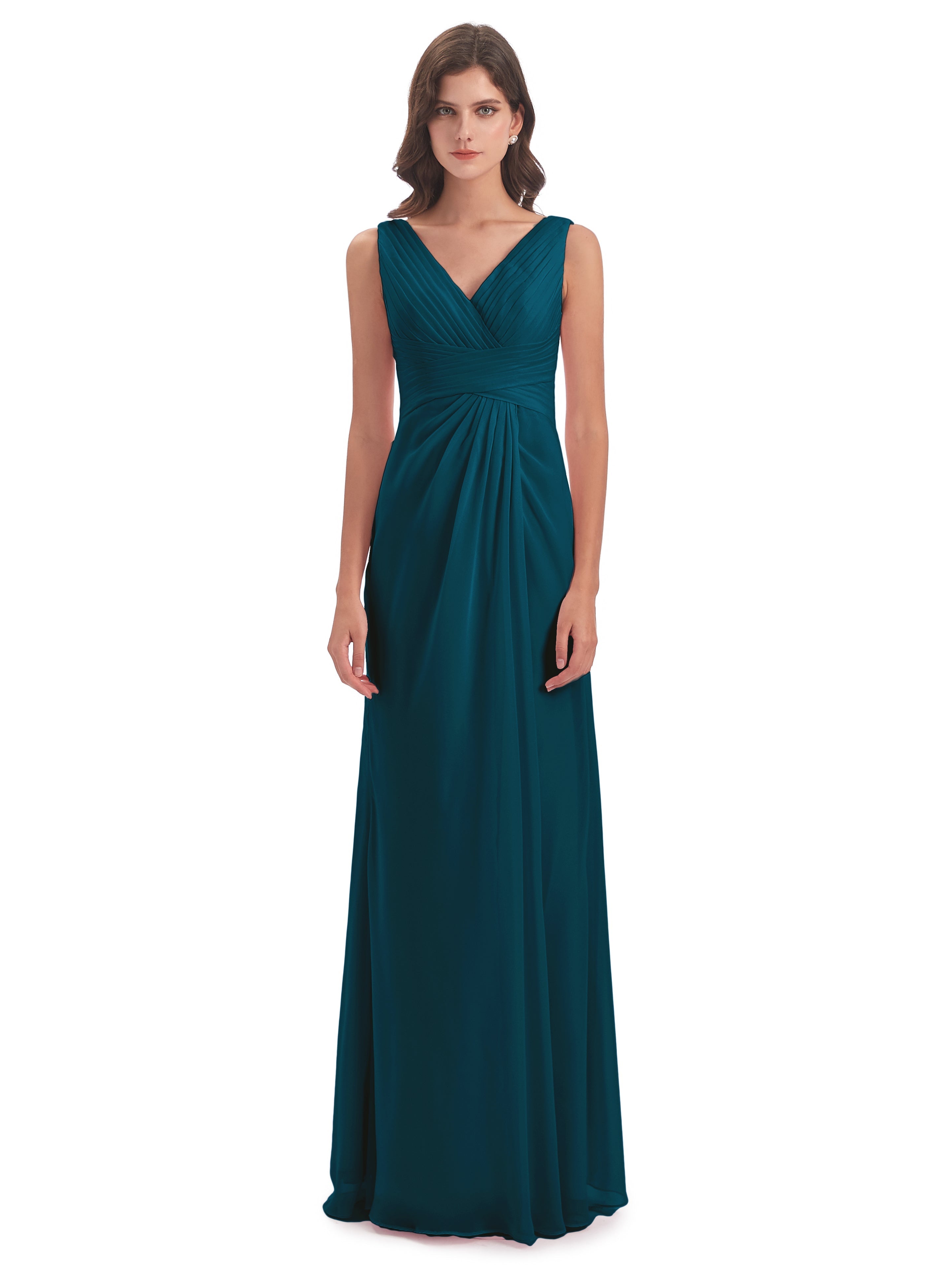 Robes De Demoiselle D'Honneur Bleu Encre Fendue Devant Mousseline Longue Robes Demoiselle D'Honneur