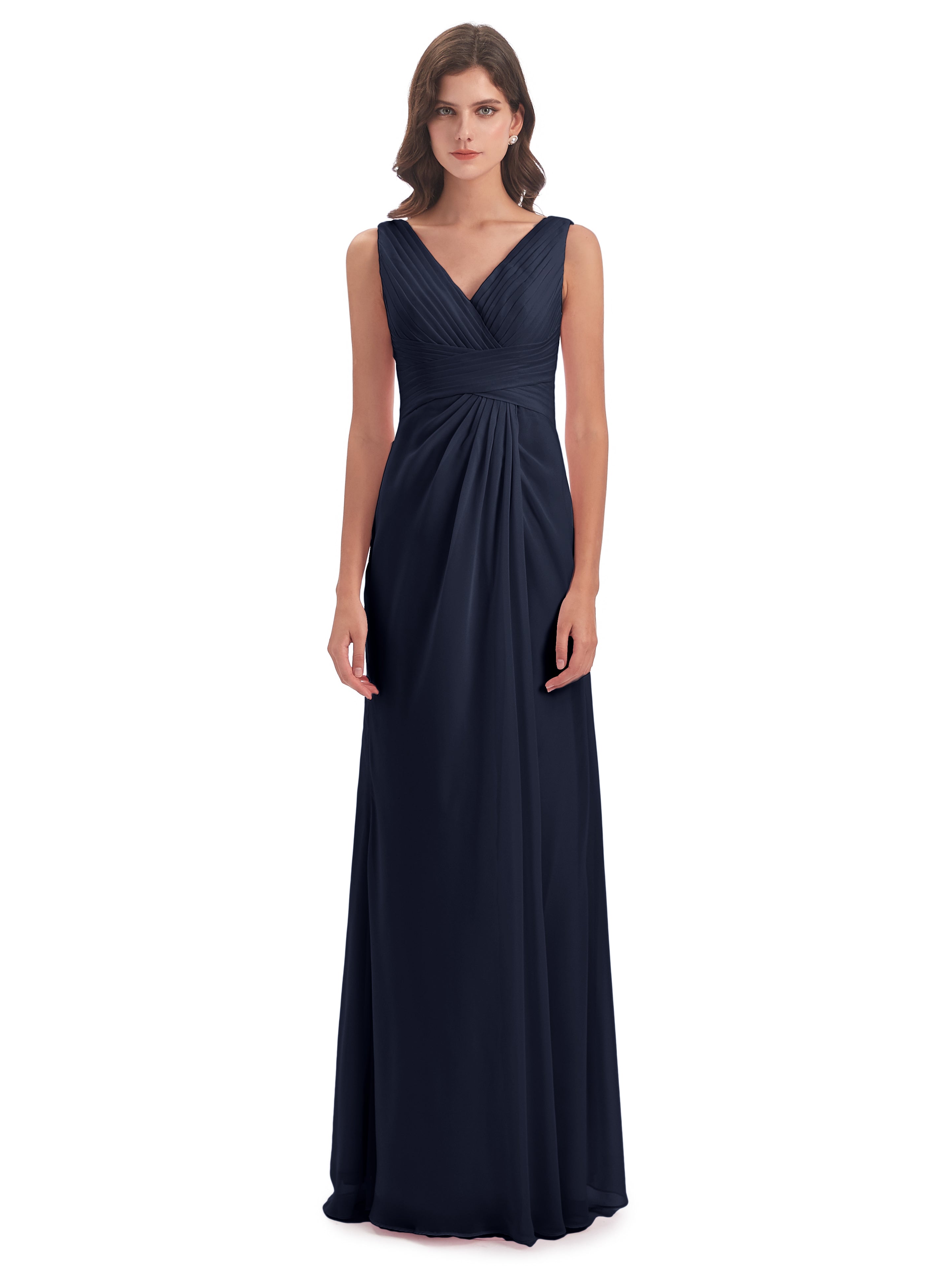Robes De Demoiselle D'Honneur Bleu Marine Foncé Fendue Devant Mousseline Longue Robes Demoiselle D'Honneur